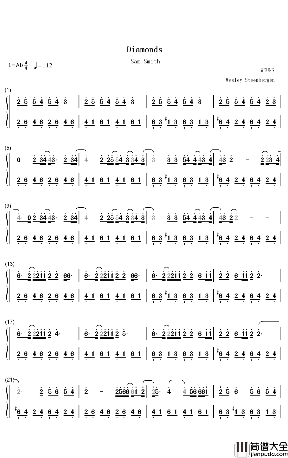 Diamonds钢琴简谱_数字双手_Sam_Smith