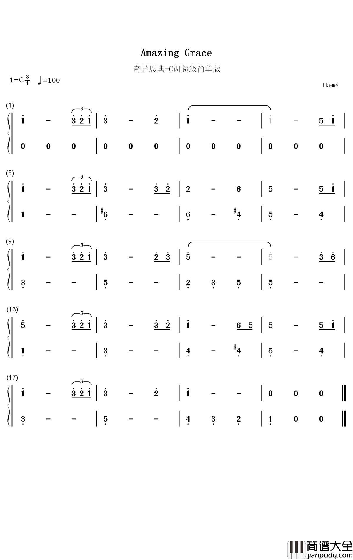奇异恩典钢琴简谱_数字双手_John_Newton