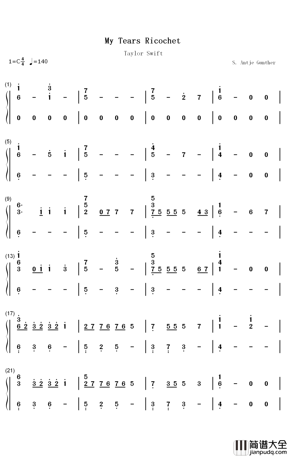 My_Tears_Ricochet钢琴简谱_数字双手_Taylor_Swift