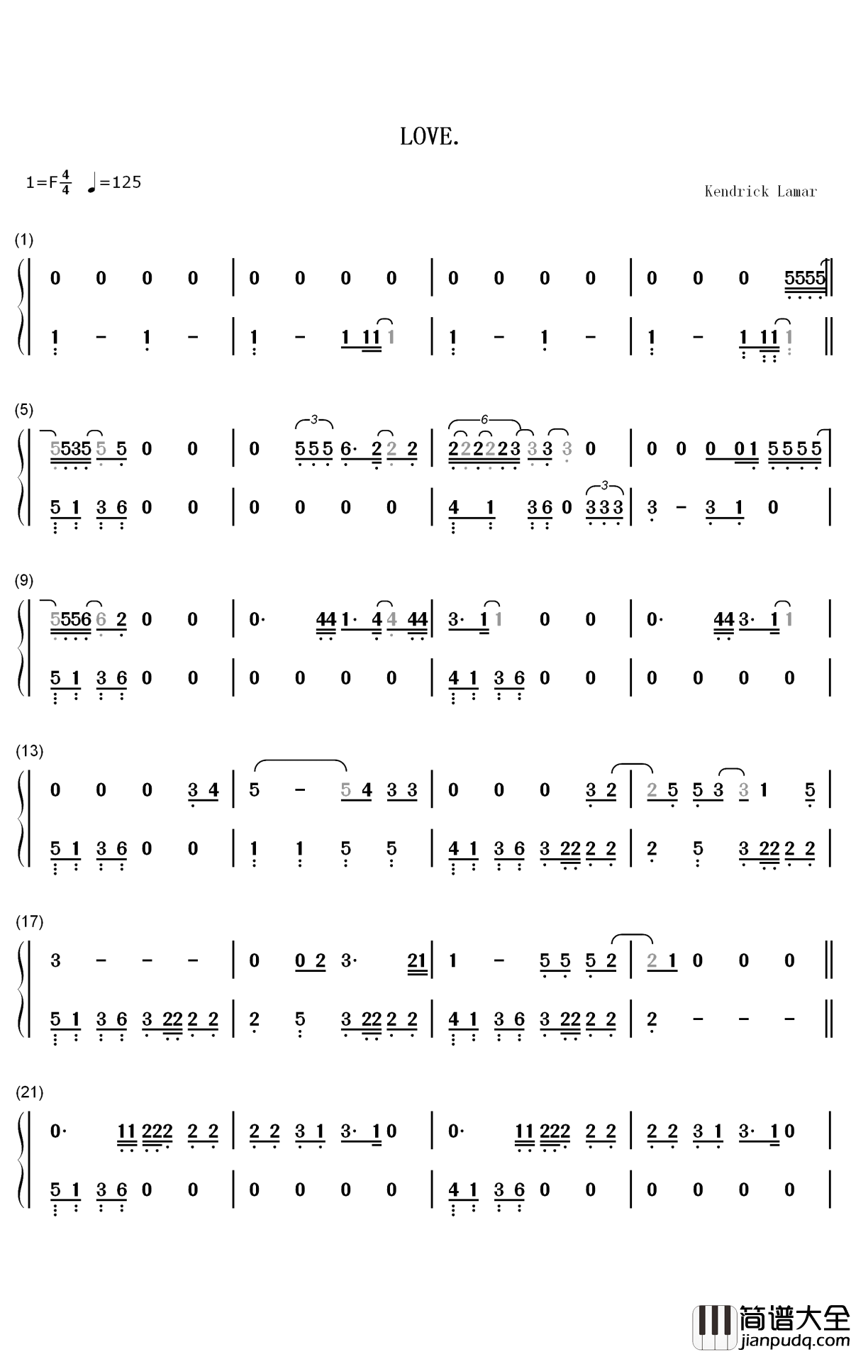 Love钢琴简谱_数字双手_Kendrick_Lamar