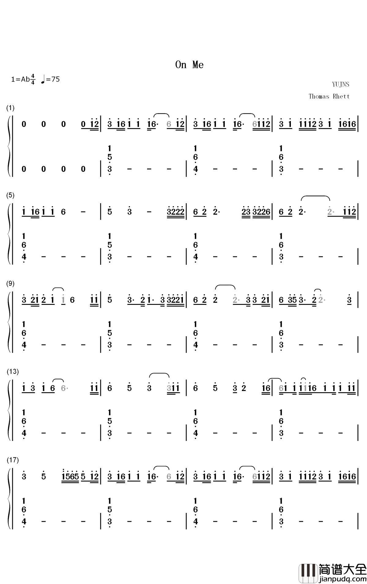 On_Me钢琴简谱_数字双手_Thomas_Rhett_Kane_Brown_Ava_Max