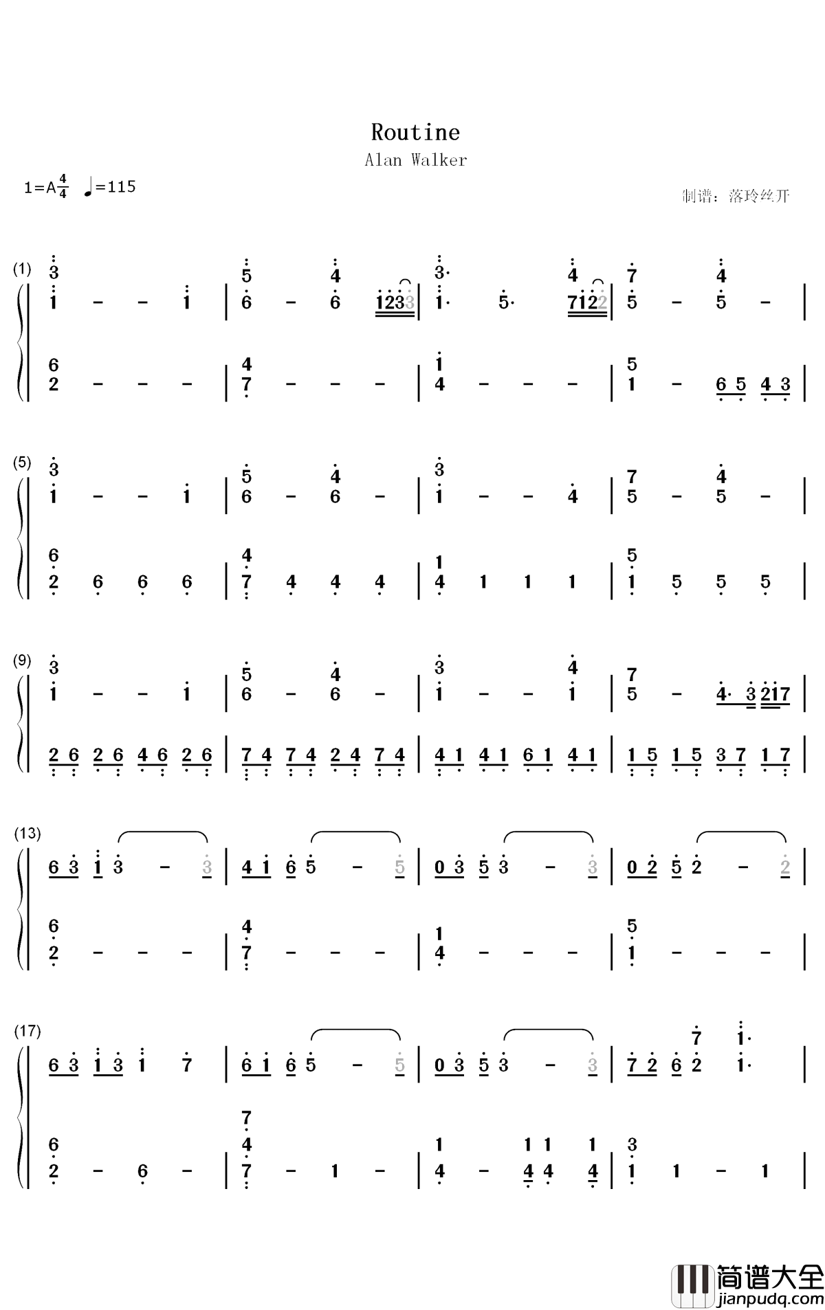 Routine钢琴简谱_数字双手_Alan_Walker