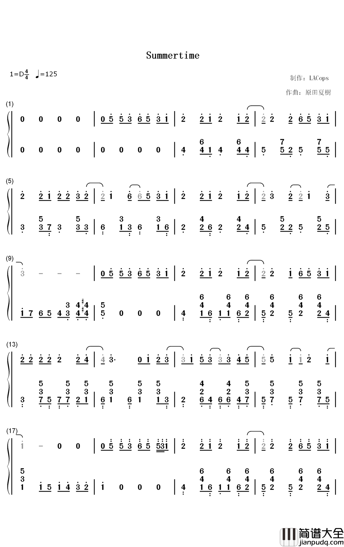 Summertime钢琴简谱_数字双手_cinnamons