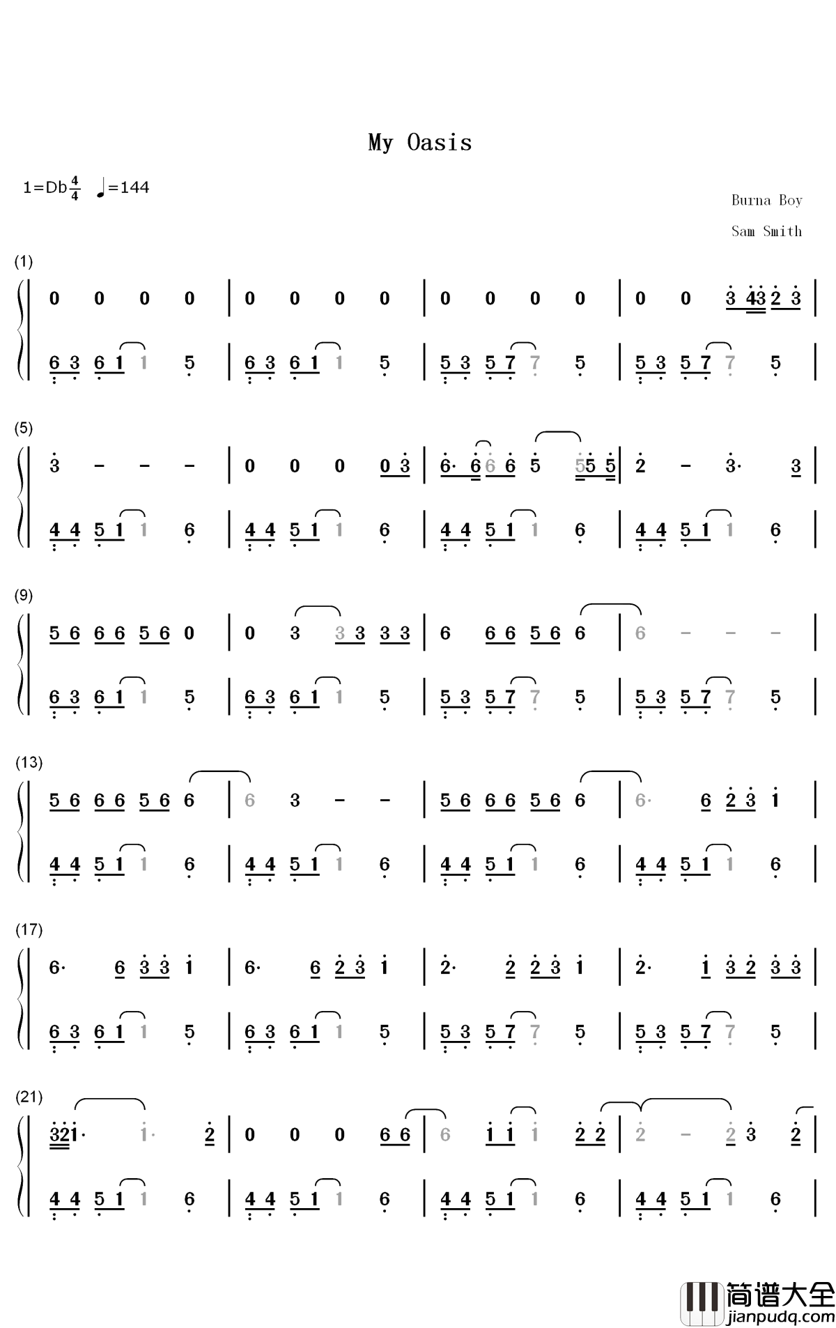 My_Oasis钢琴简谱_数字双手_Sam_Smith_Burna_Boy