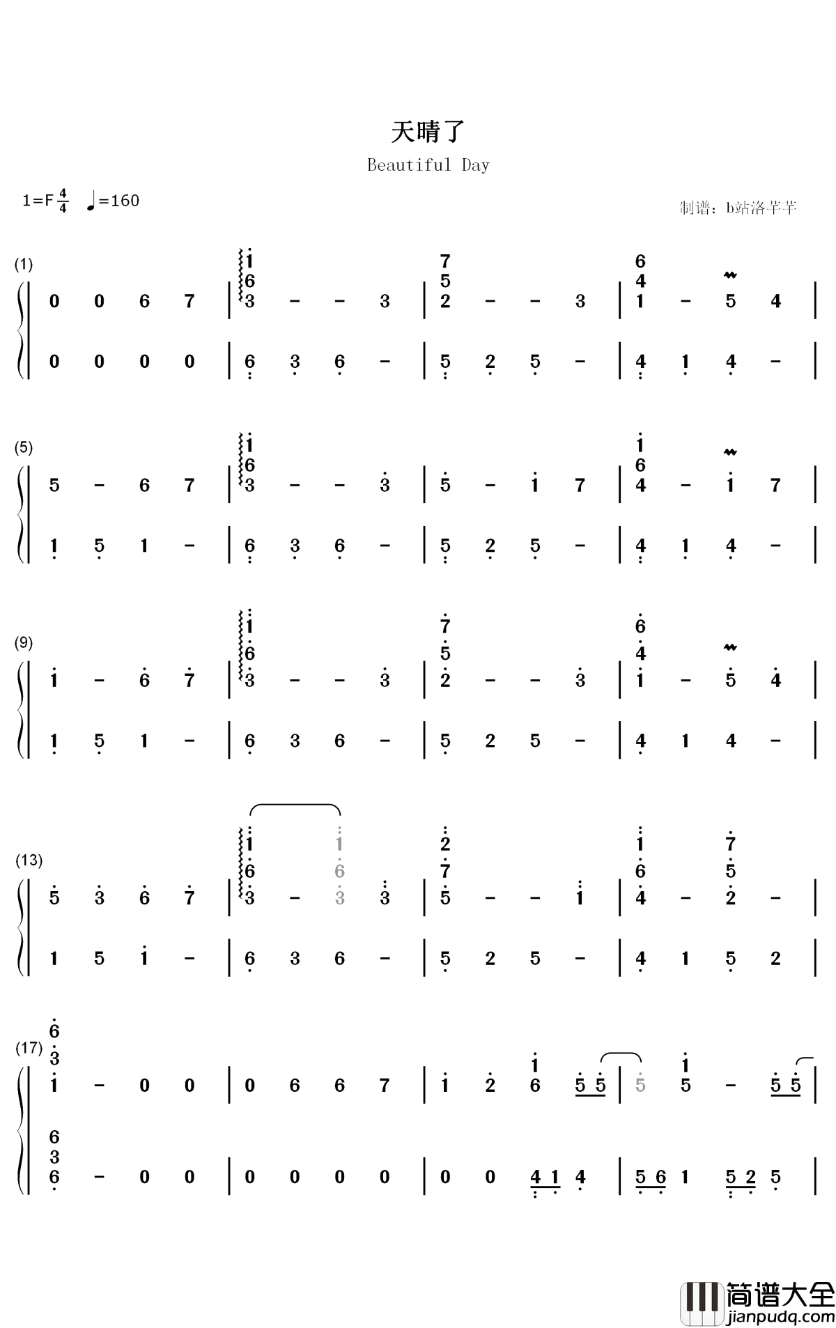 天晴了钢琴简谱_数字双手_SNH48_GROUP