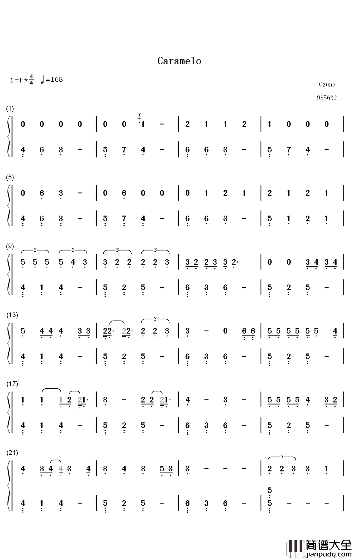 Caramelo钢琴简谱_数字双手_Ozuna