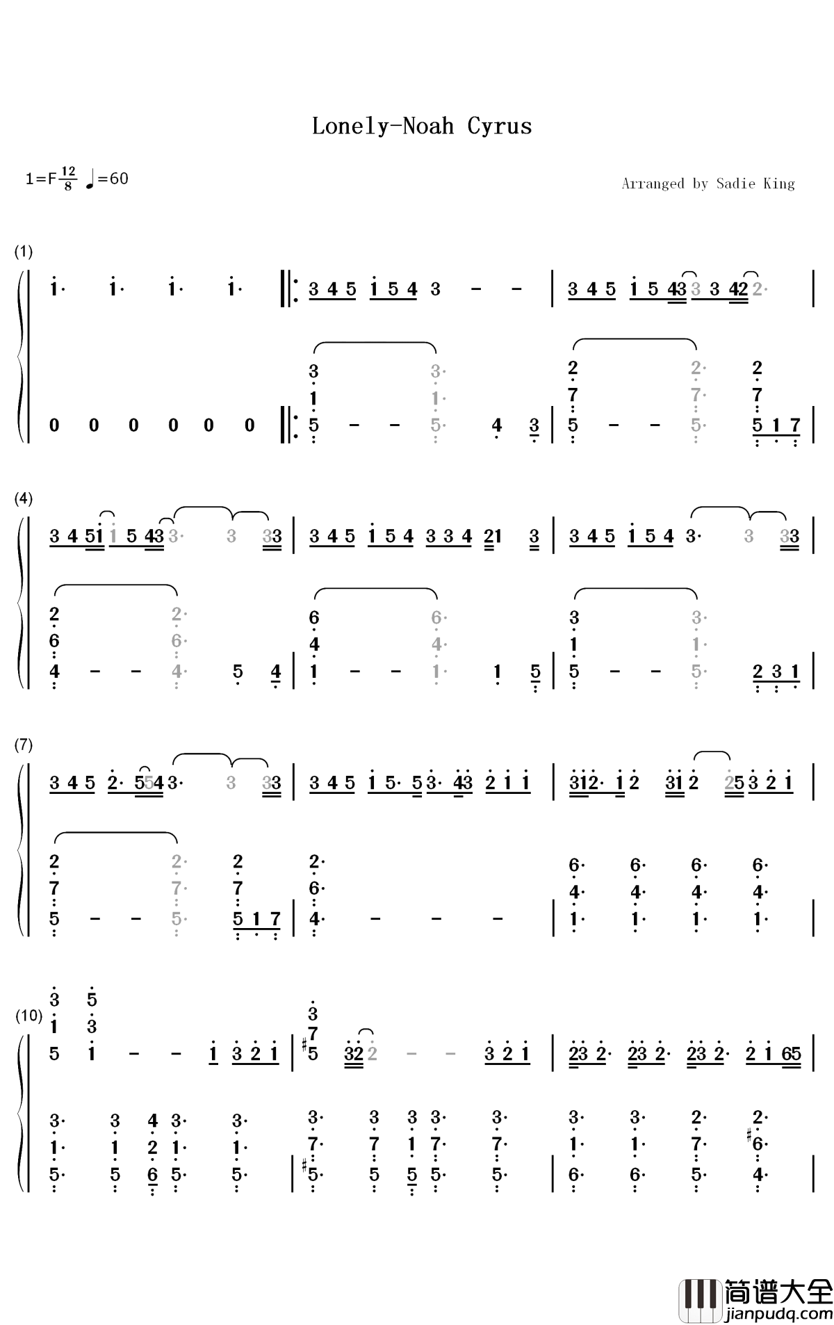 Lonely钢琴简谱_数字双手_Noah_Cyrus