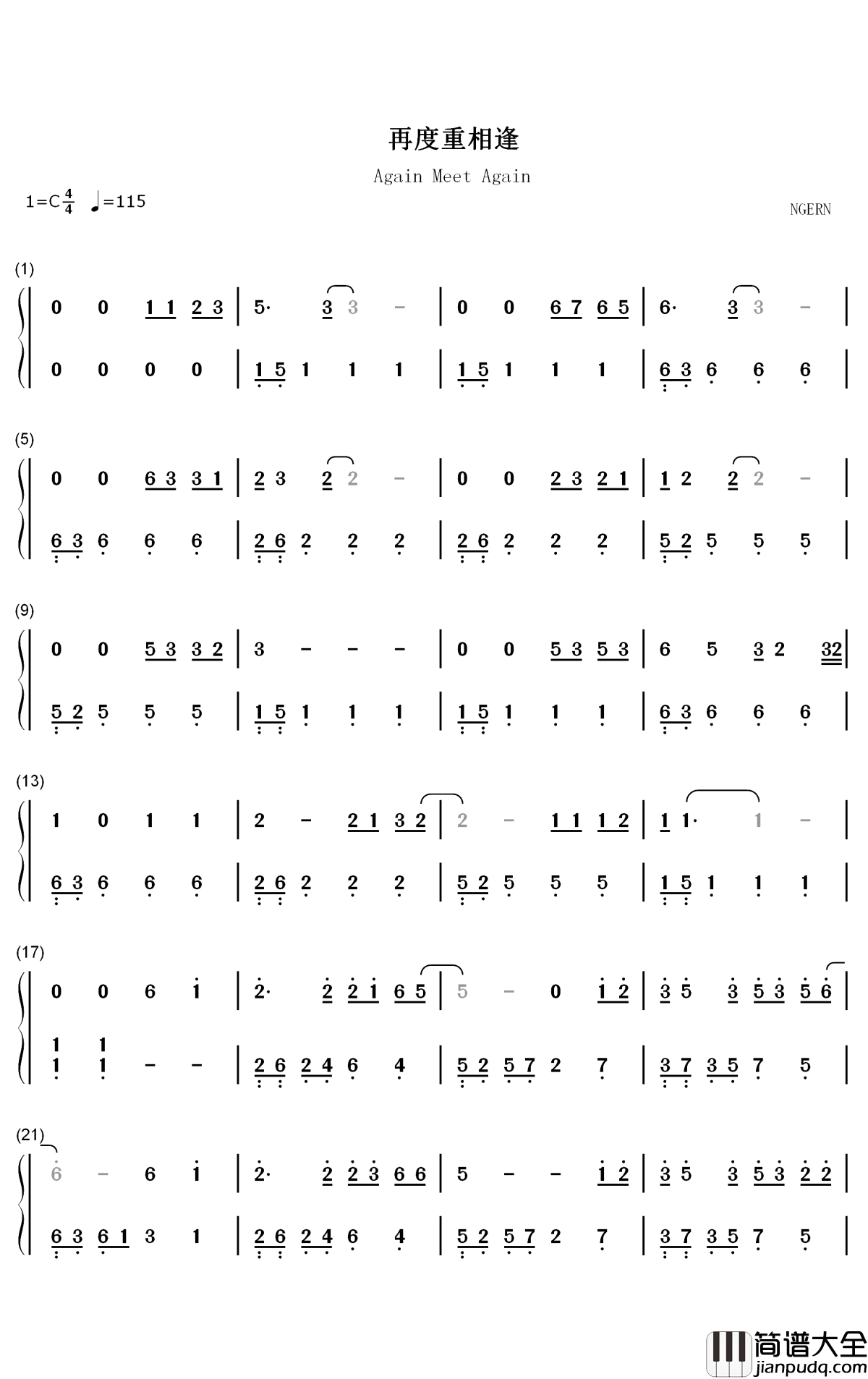再度重相逢钢琴简谱_数字双手_伍佰
