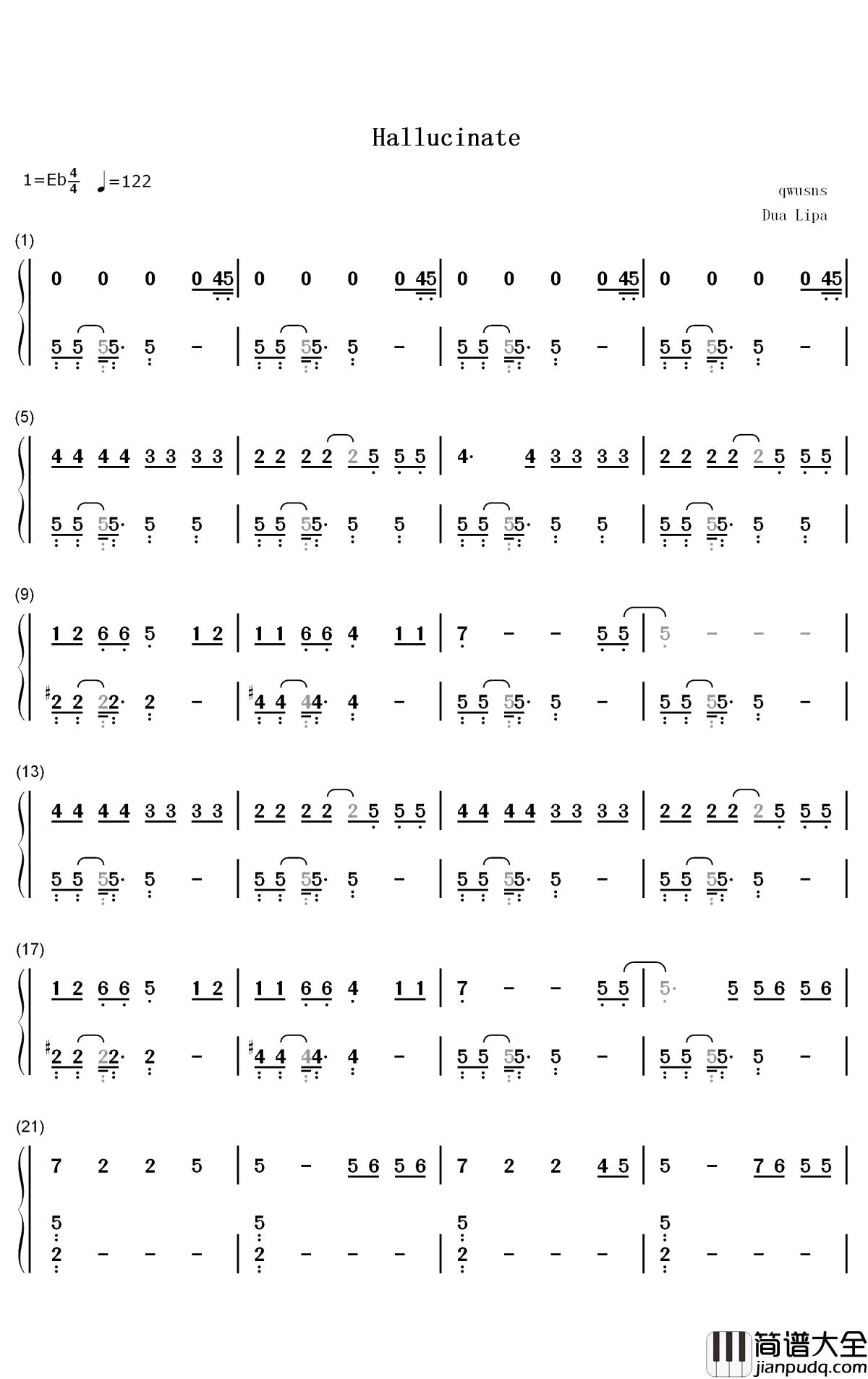 Hallucinate钢琴简谱_数字双手_Dua_Lipa