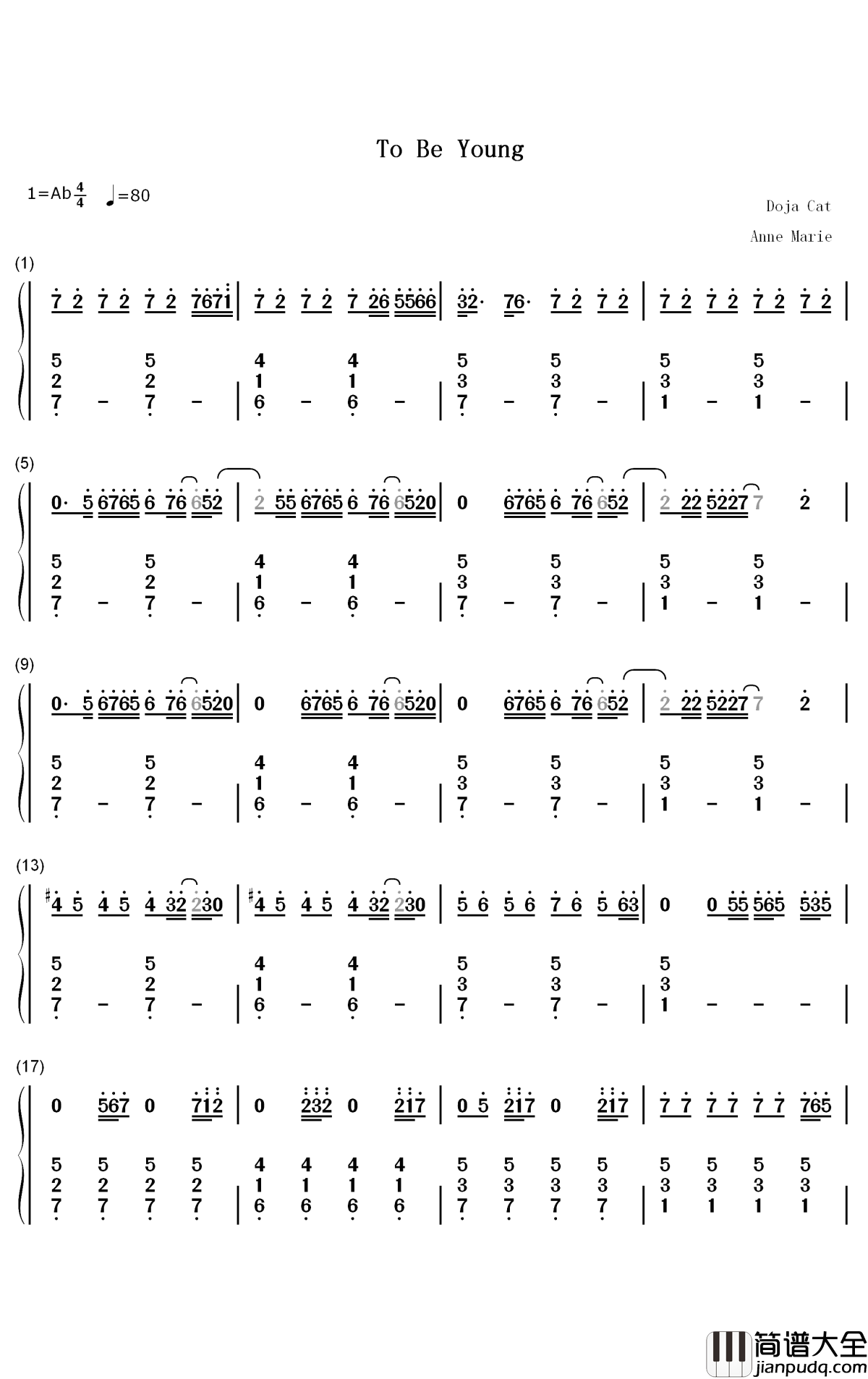 To_Be_Young钢琴简谱_数字双手_Anne_Marie_Doja_Cat