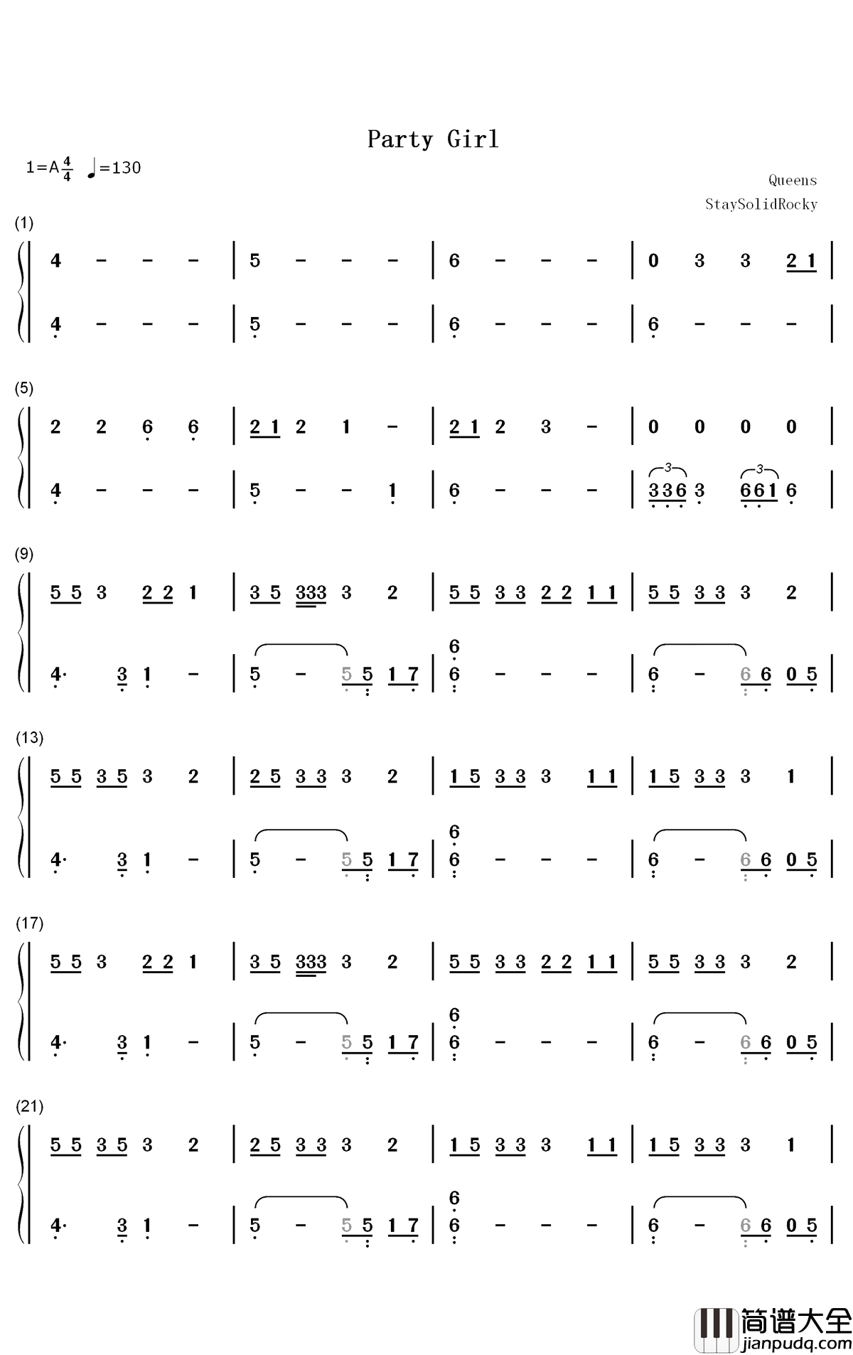 Party_Girl钢琴简谱_数字双手_StaySolidRocky