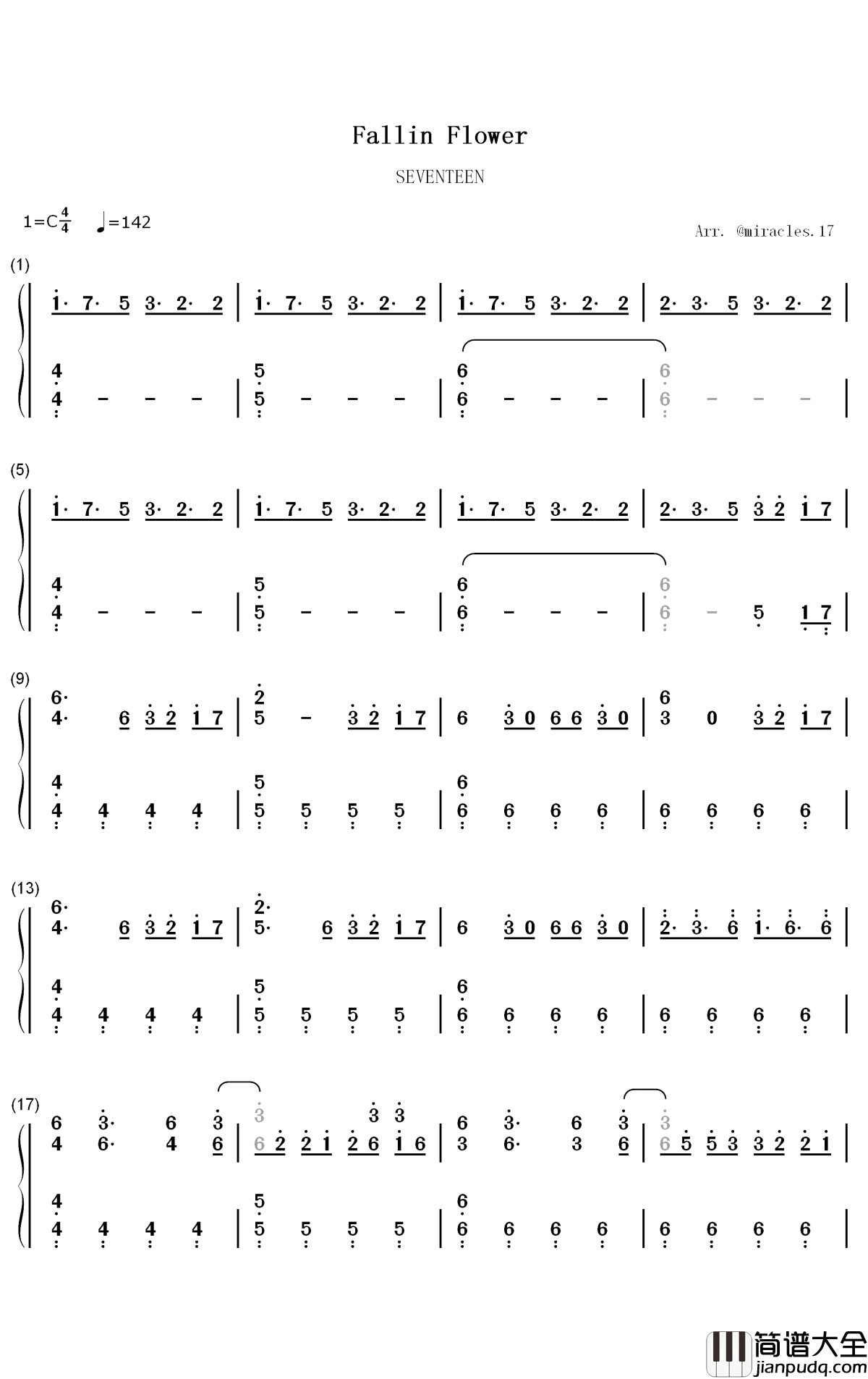 Fallin_Flower钢琴简谱_数字双手_SEVENTEEN