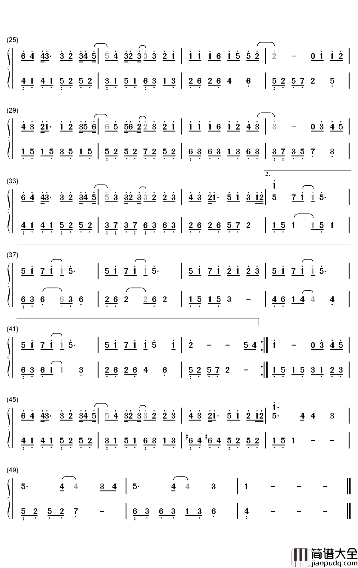 我爱你不问归期钢琴简谱_数字双手_白小白