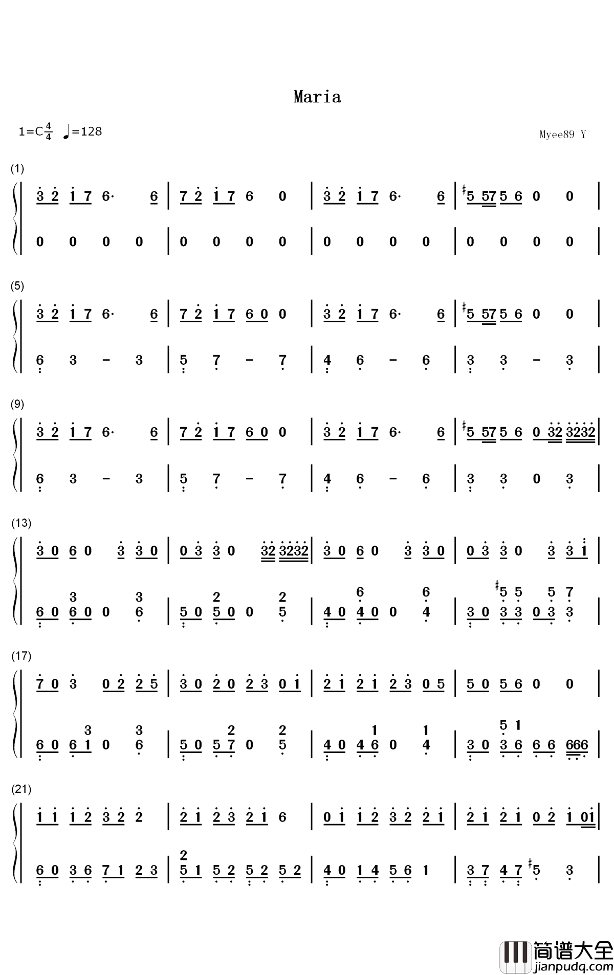 Maria钢琴简谱_数字双手_华莎_화사