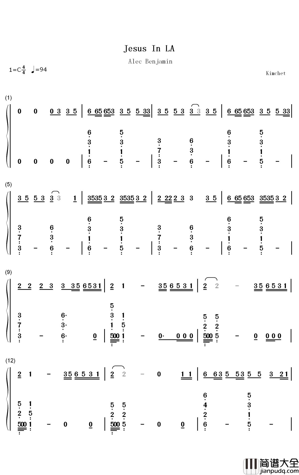 Jesus_In_LA钢琴简谱_数字双手_Alec_Benjamin