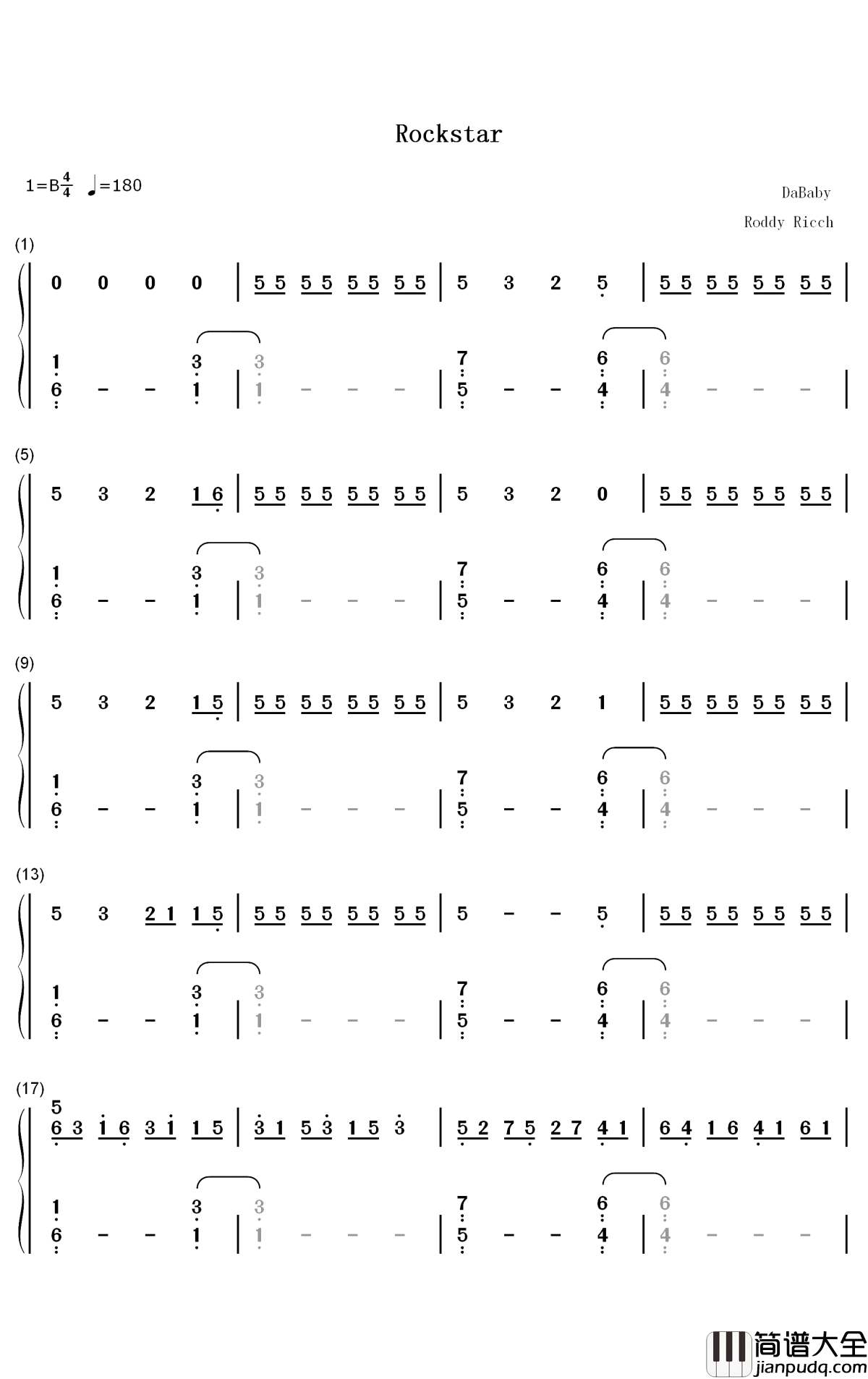 Rockstar钢琴简谱_数字双手_DaBaby_Roddy_Ricch