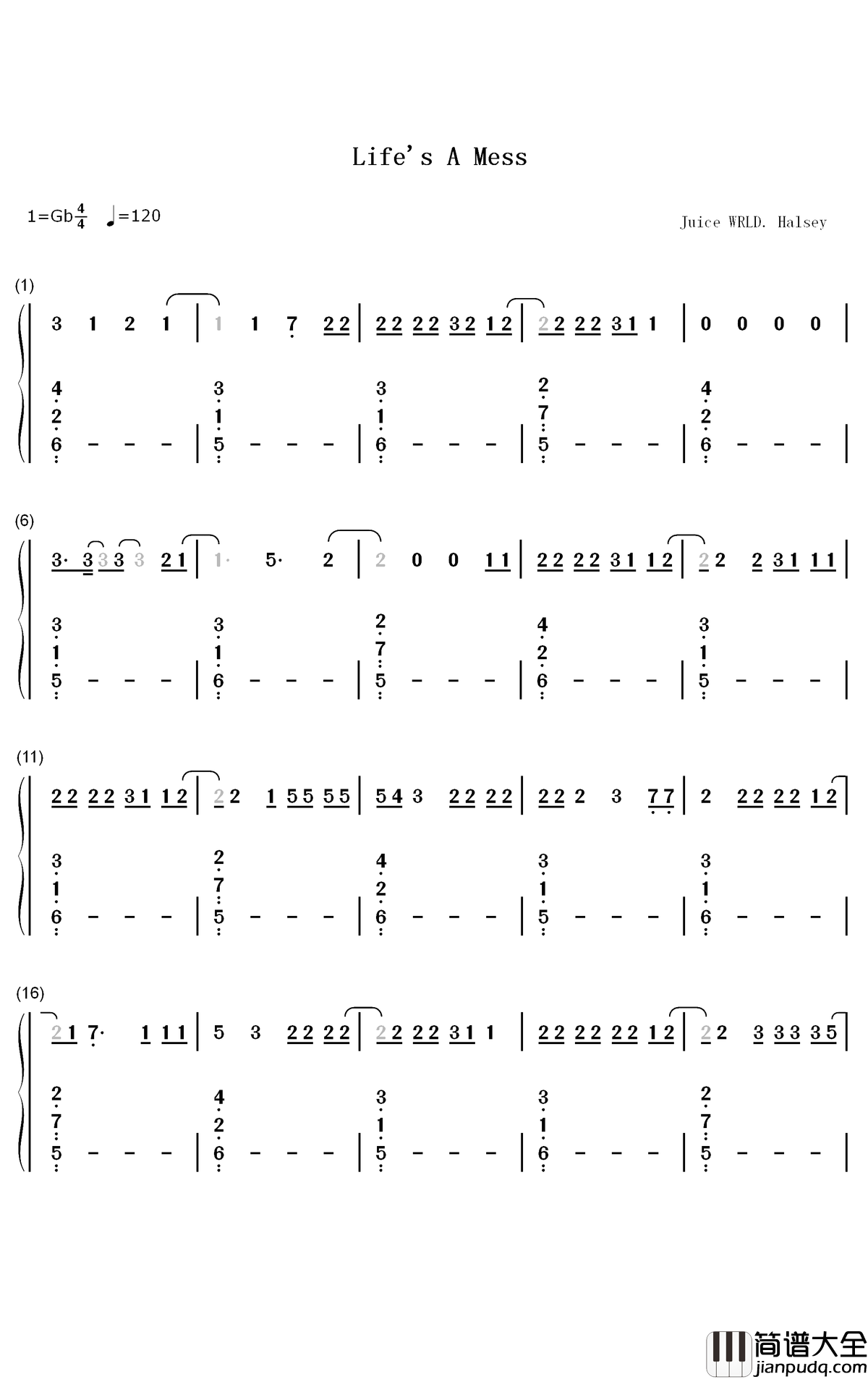 _Lifes_A_Mess钢琴简谱_数字双手_Juice_Wrld_Halsey