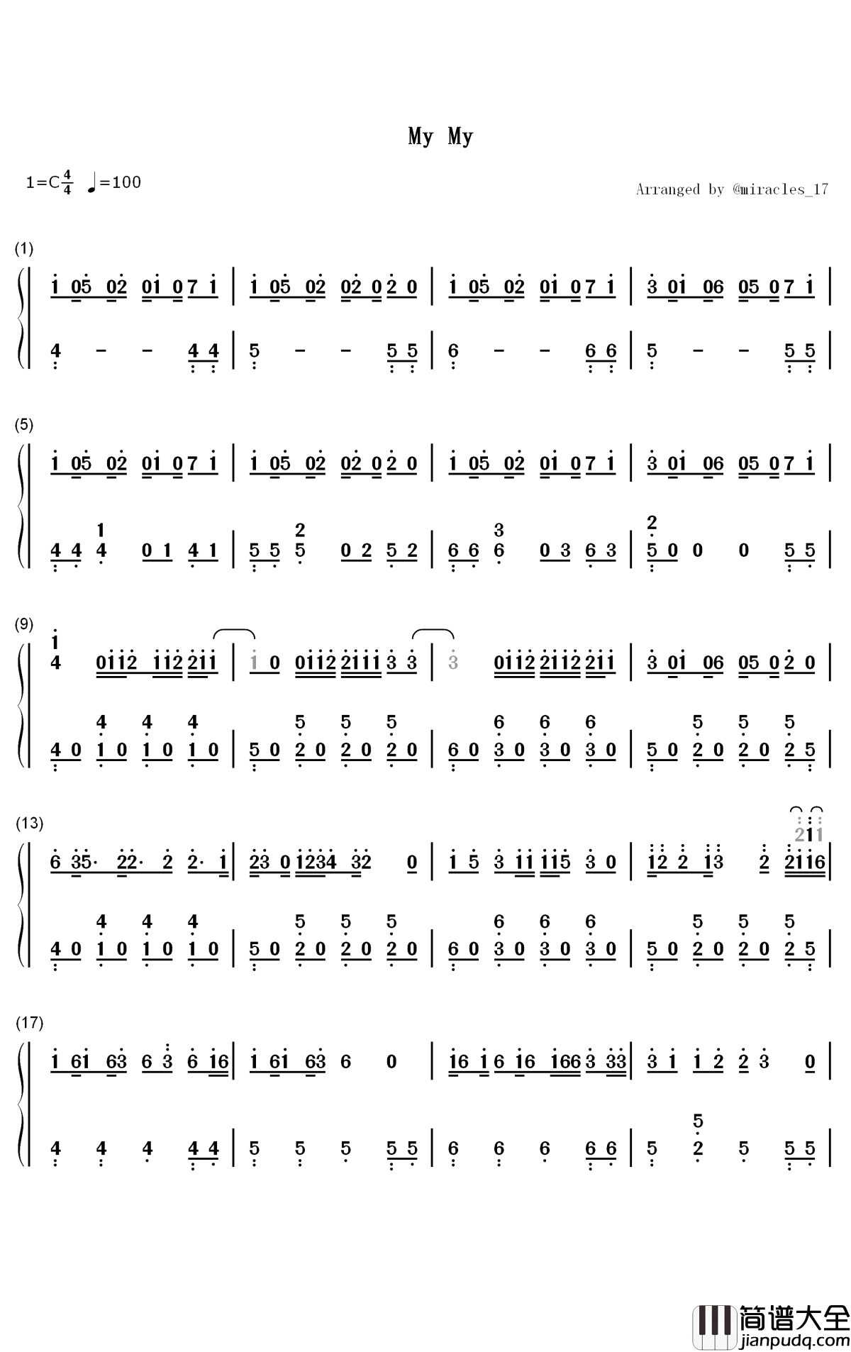 My_My钢琴简谱_数字双手_Seventeen