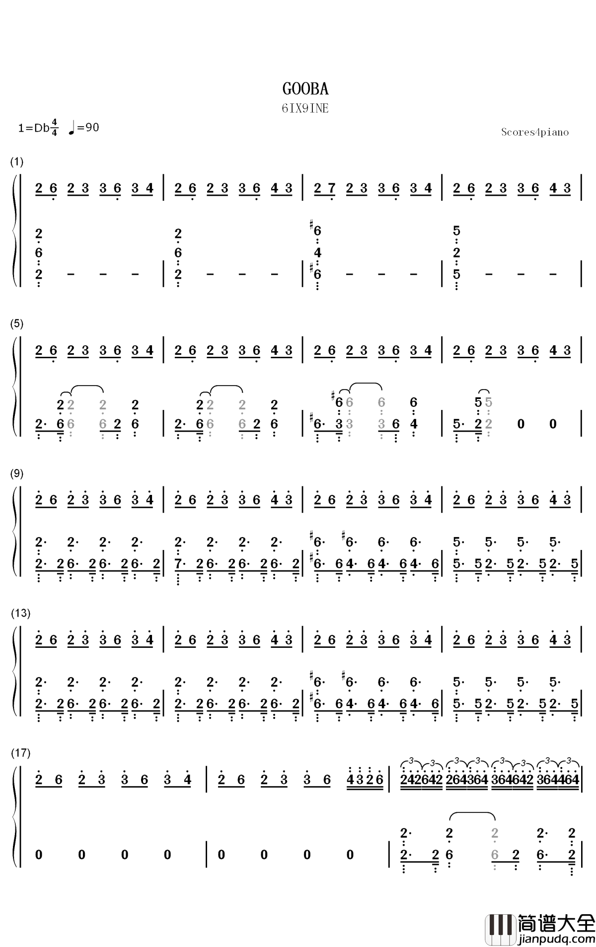 Gooba钢琴简谱_数字双手_6ix9ine