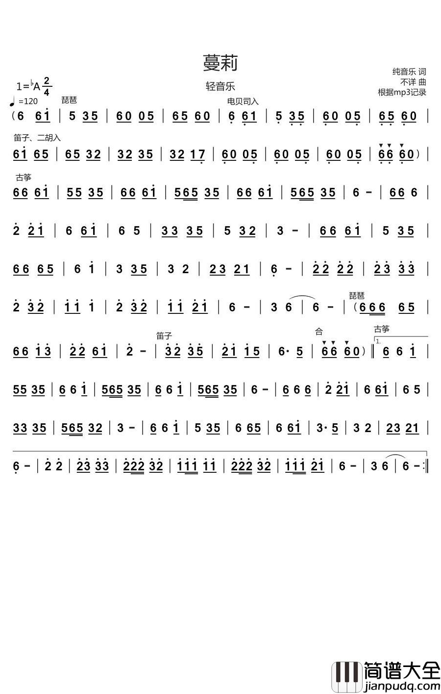 蔓莉简谱(歌词)_乡城中西乐团演唱