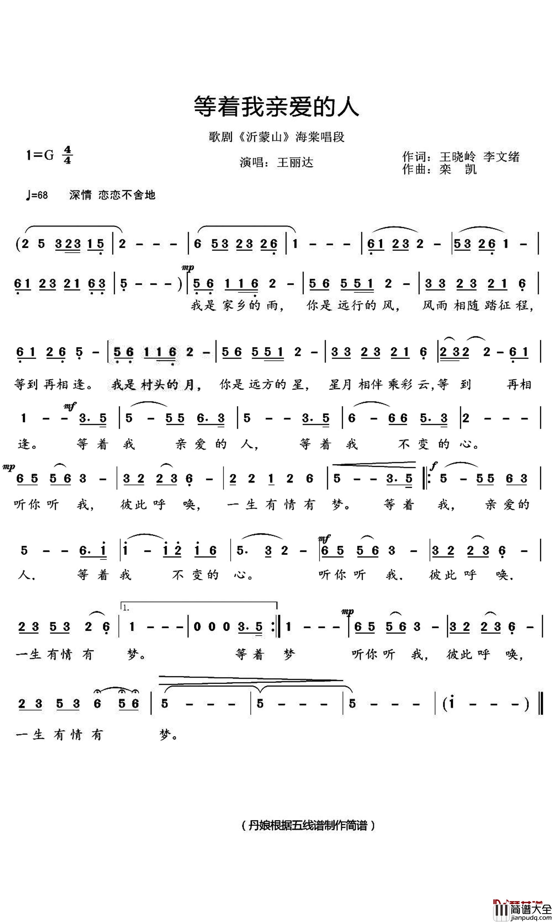 等着我亲爱的人简谱(歌词)_王丽达演唱