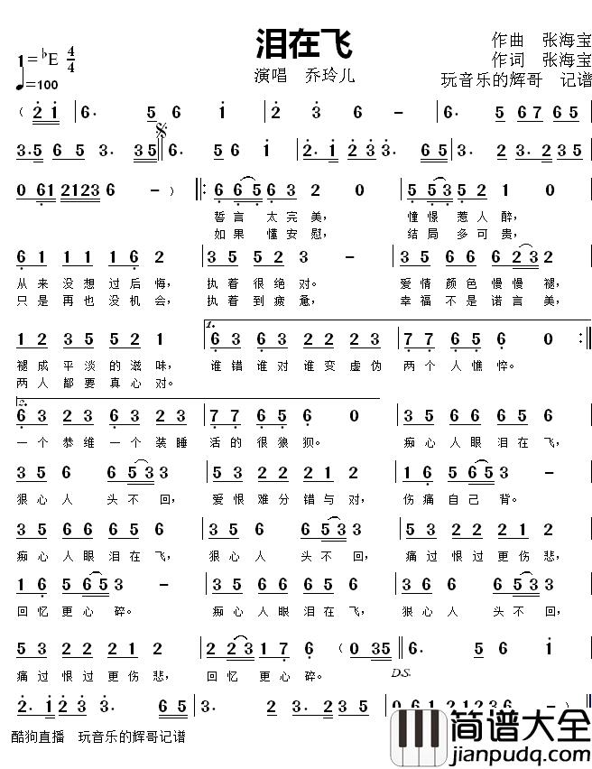 泪在飞简谱(歌词)_乔玲儿歌曲_玩音乐的辉哥曲谱