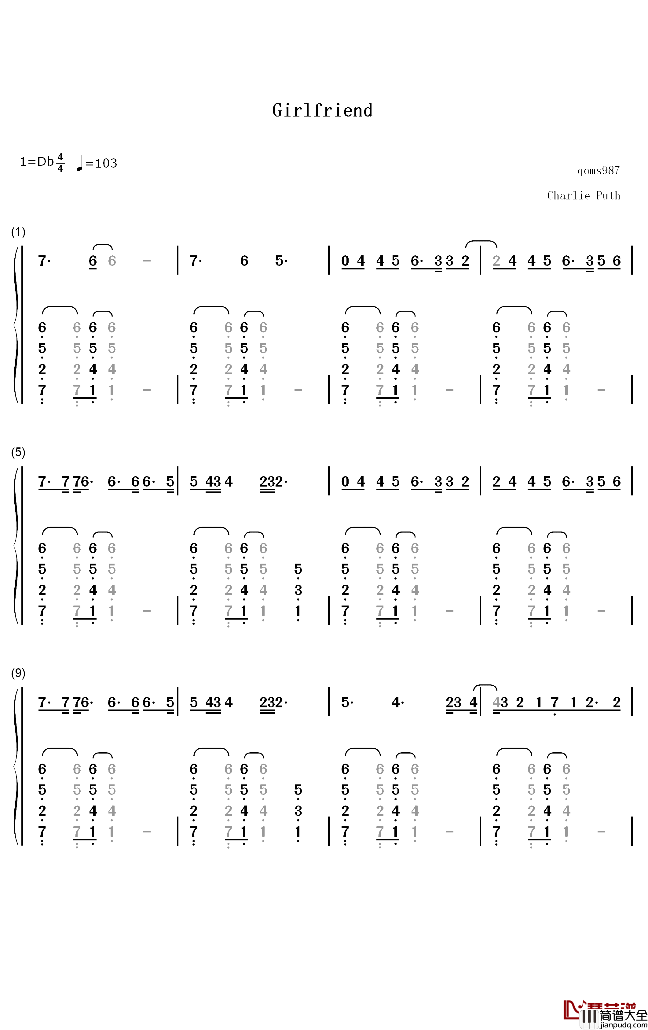 Girl_friend钢琴简谱_数字双手_Charlie_Puth