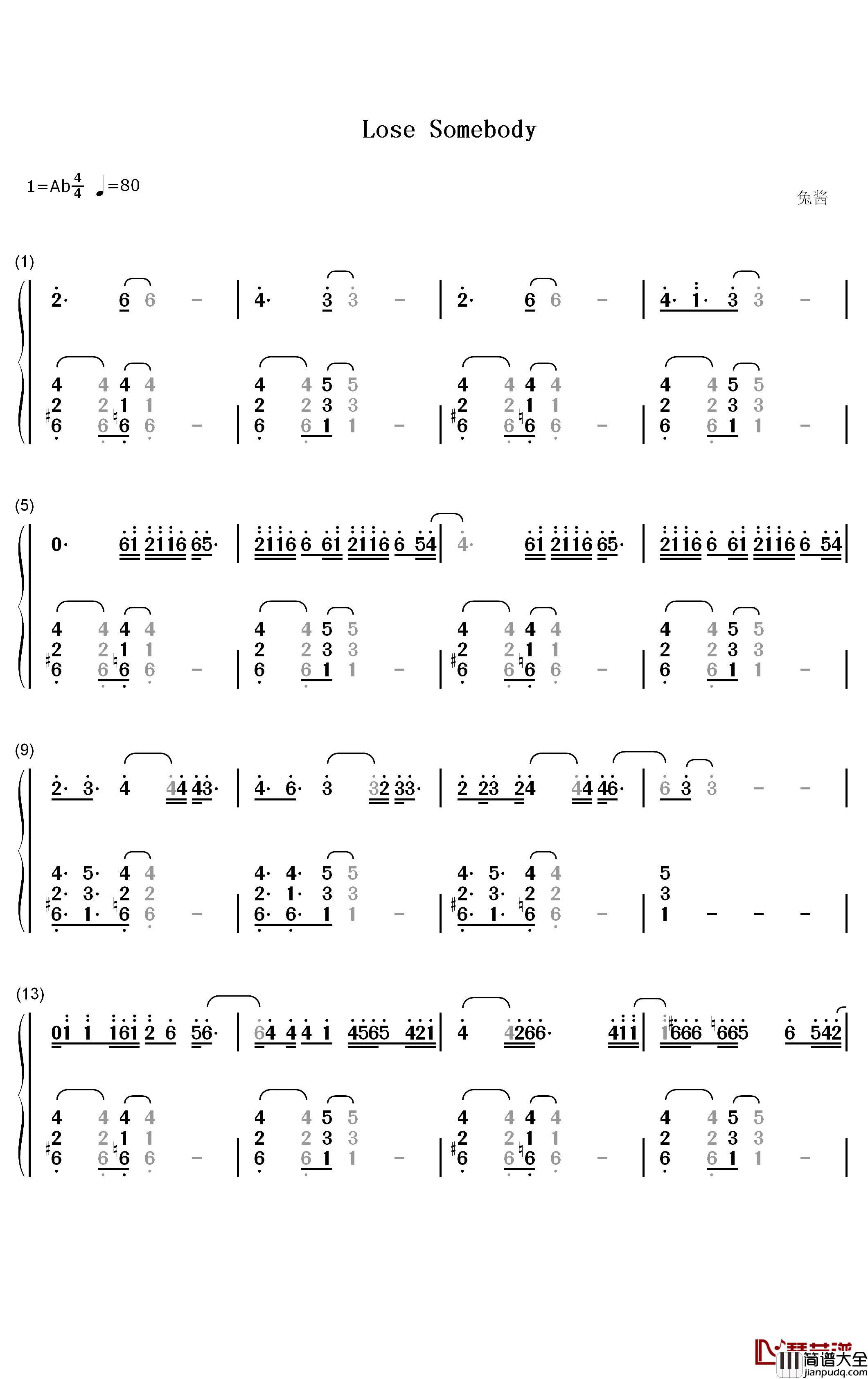 Lose_Somebody钢琴简谱_数字双手_Kygo_OneRepublic