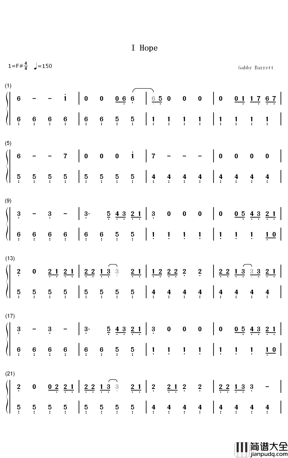 I_Hope钢琴简谱_数字双手_Gabby_Barrett_Charlie_Puth