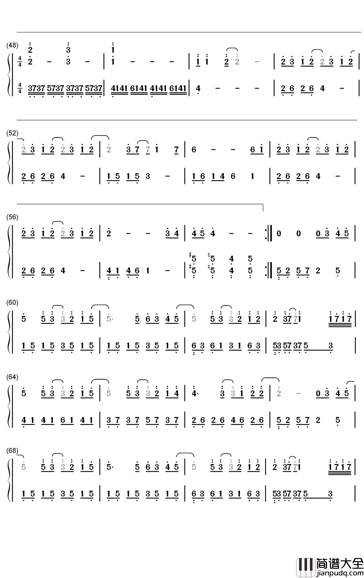 皆可钢琴简谱_数字双手_田馥甄