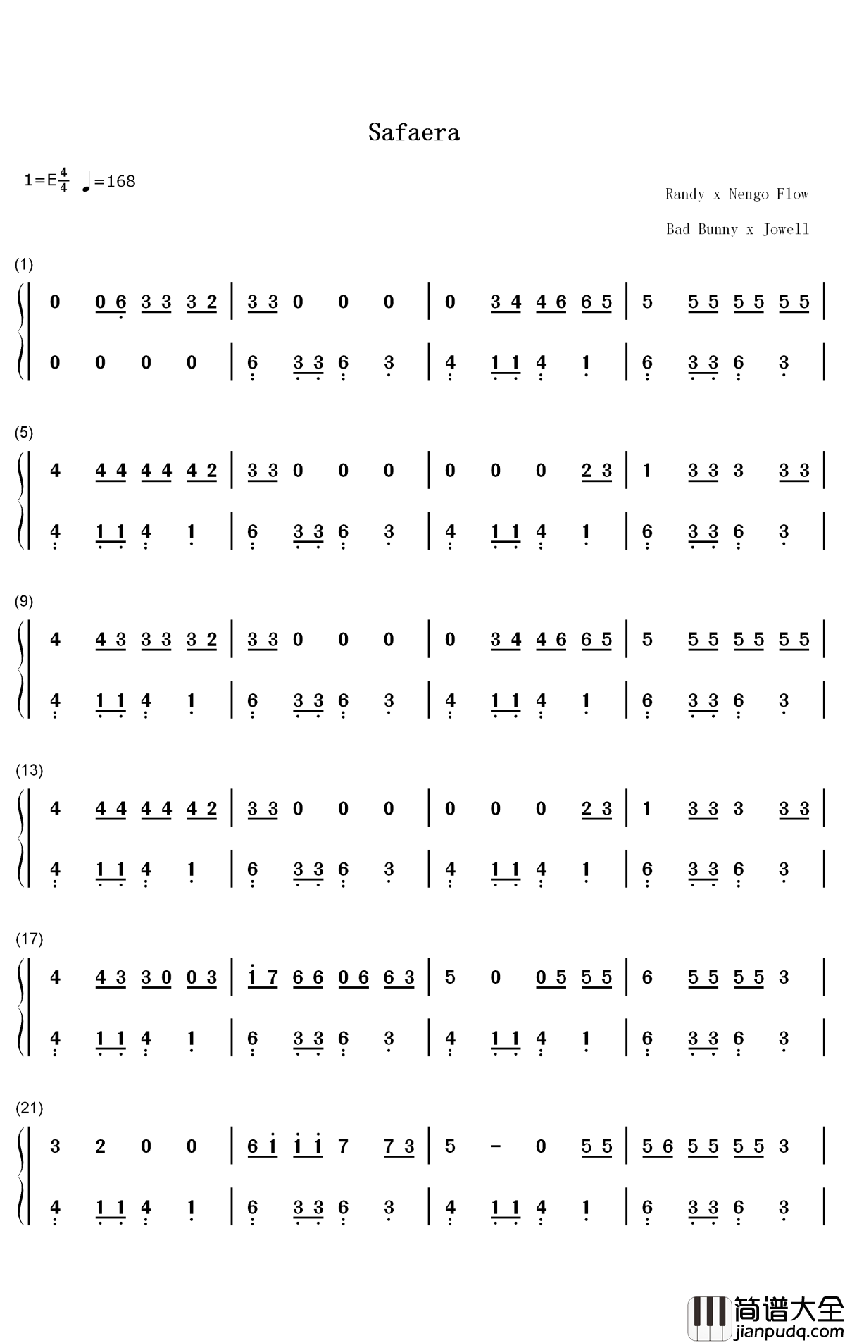 Safaera钢琴简谱_数字双手_Bad_Bunny_Jowell_&_Randy_Ñengo_Flow