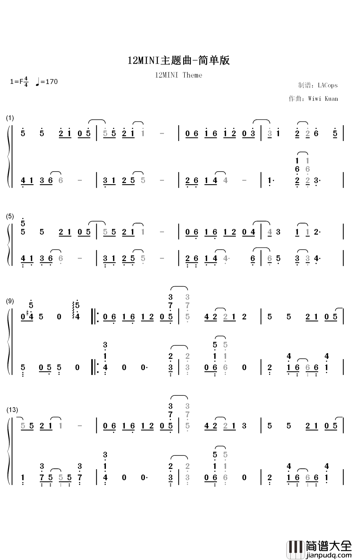 12MINI主题曲钢琴简谱_数字双手_Wiwi_Kuan