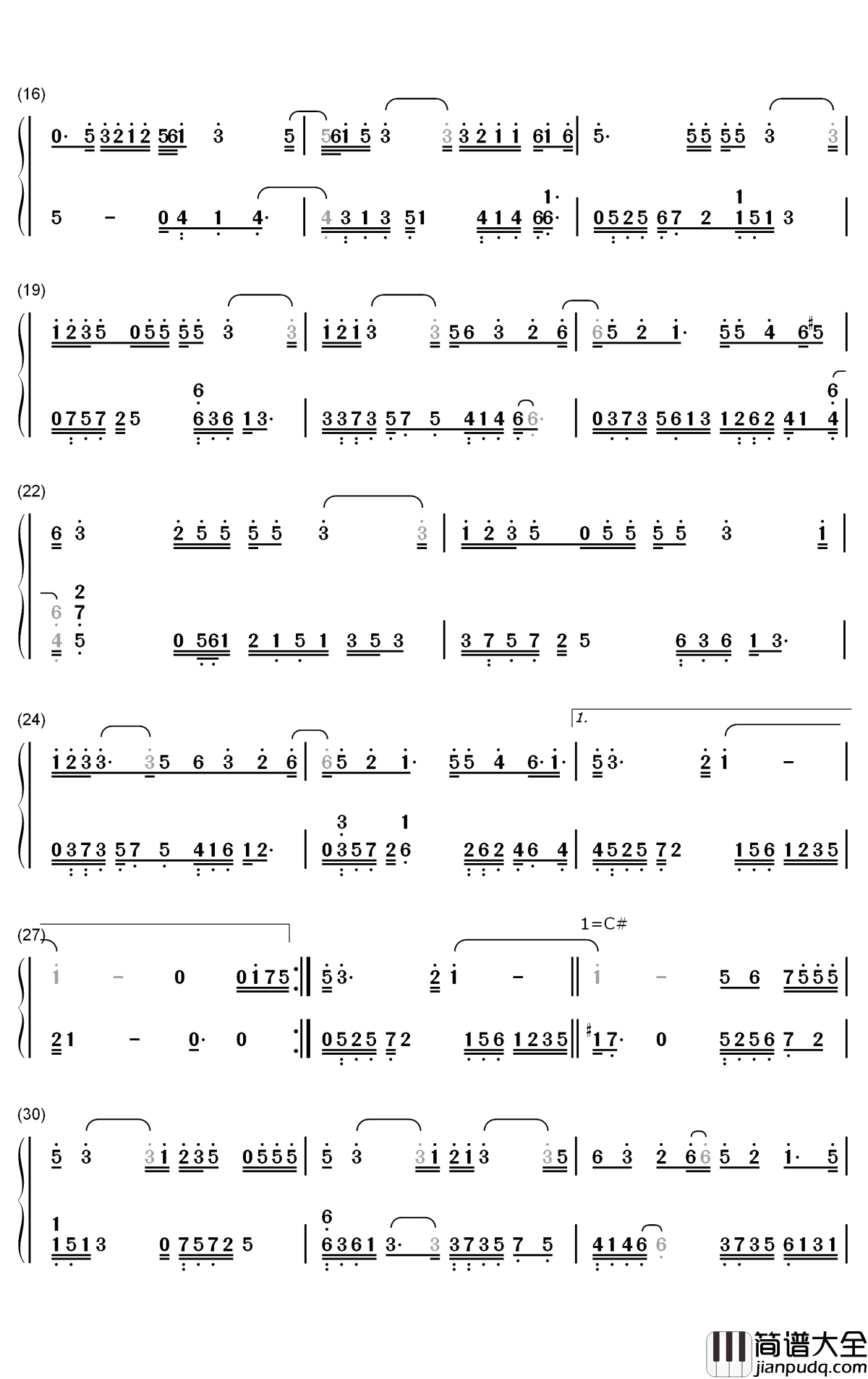 月夜钢琴简谱_数字双手_双笙_妖扬
