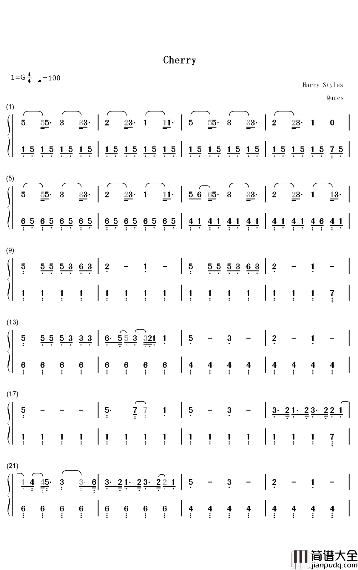 Cherry钢琴简谱_数字双手_Harry_Styles