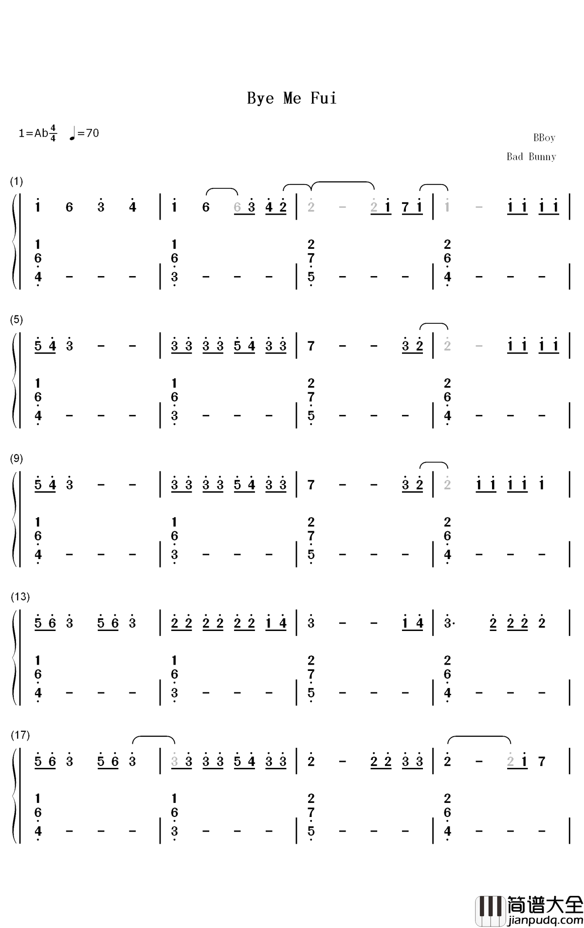 Bye_Me_Fui钢琴简谱_数字双手_Bad_Bunny