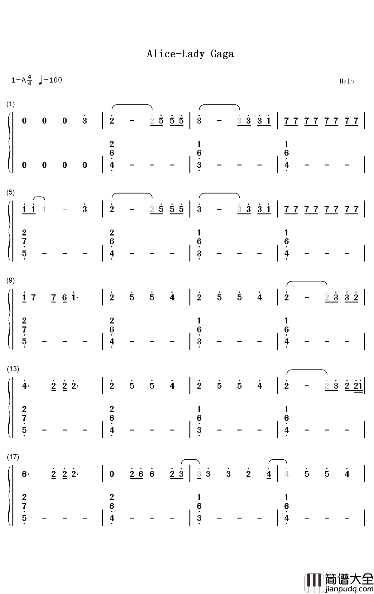 Alice钢琴简谱_数字双手_Lady_Gaga