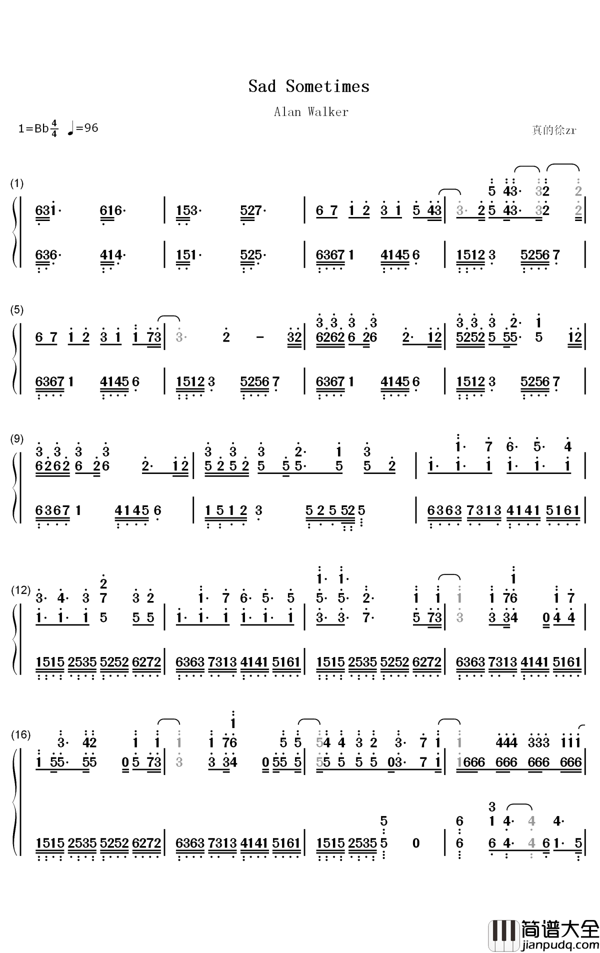 Sad_Sometimes钢琴简谱_数字双手_Alan_Walker_CORSAK_黄霄雲