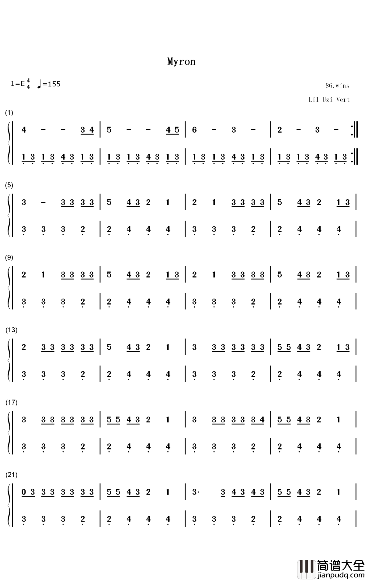 Myron钢琴简谱_数字双手_Lil_Uzi_Vert