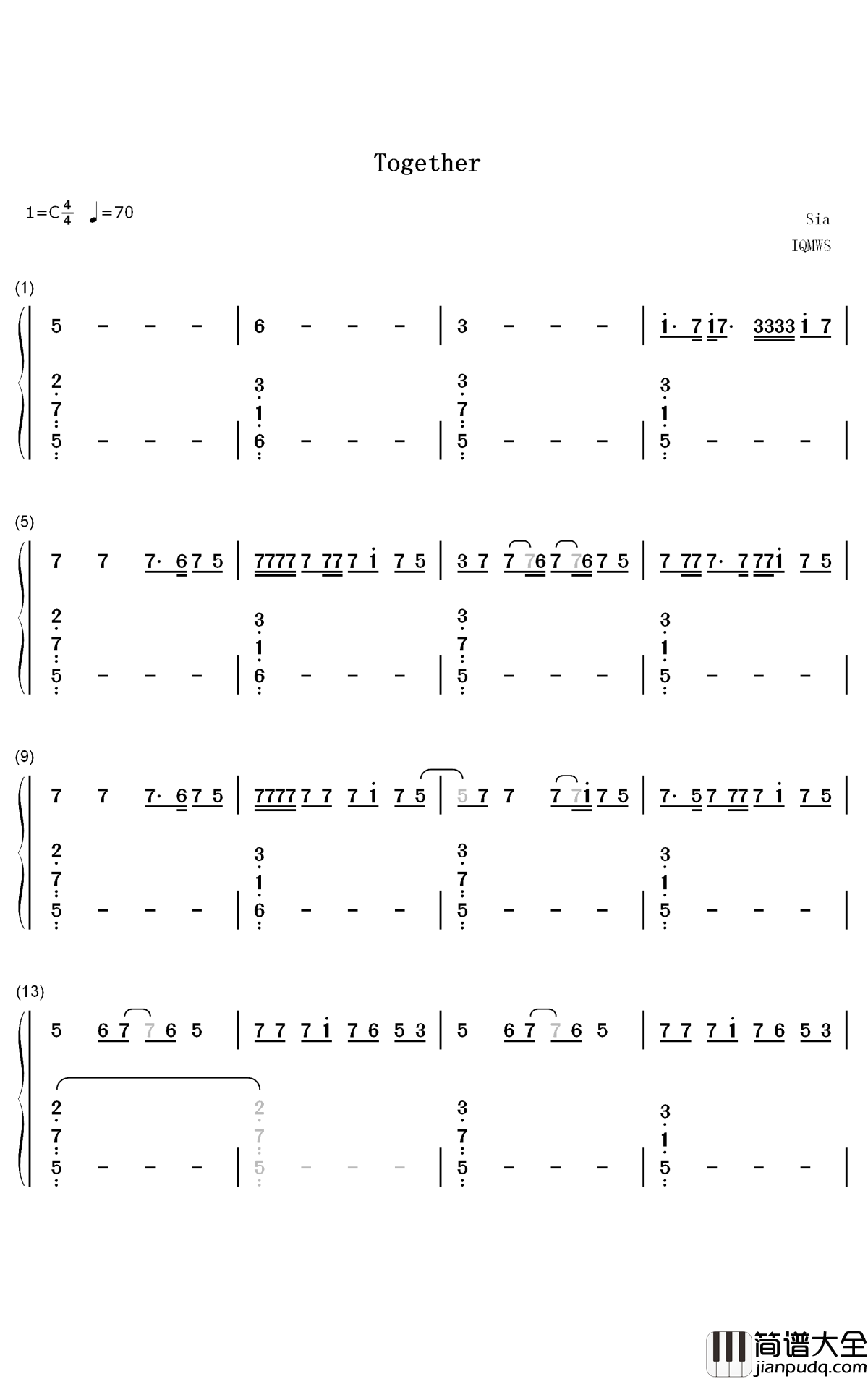 Together钢琴简谱_数字双手_Sia