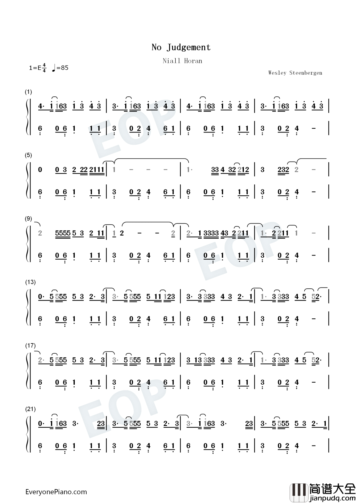 No_Judgement钢琴简谱_数字双手_Niall_Horan