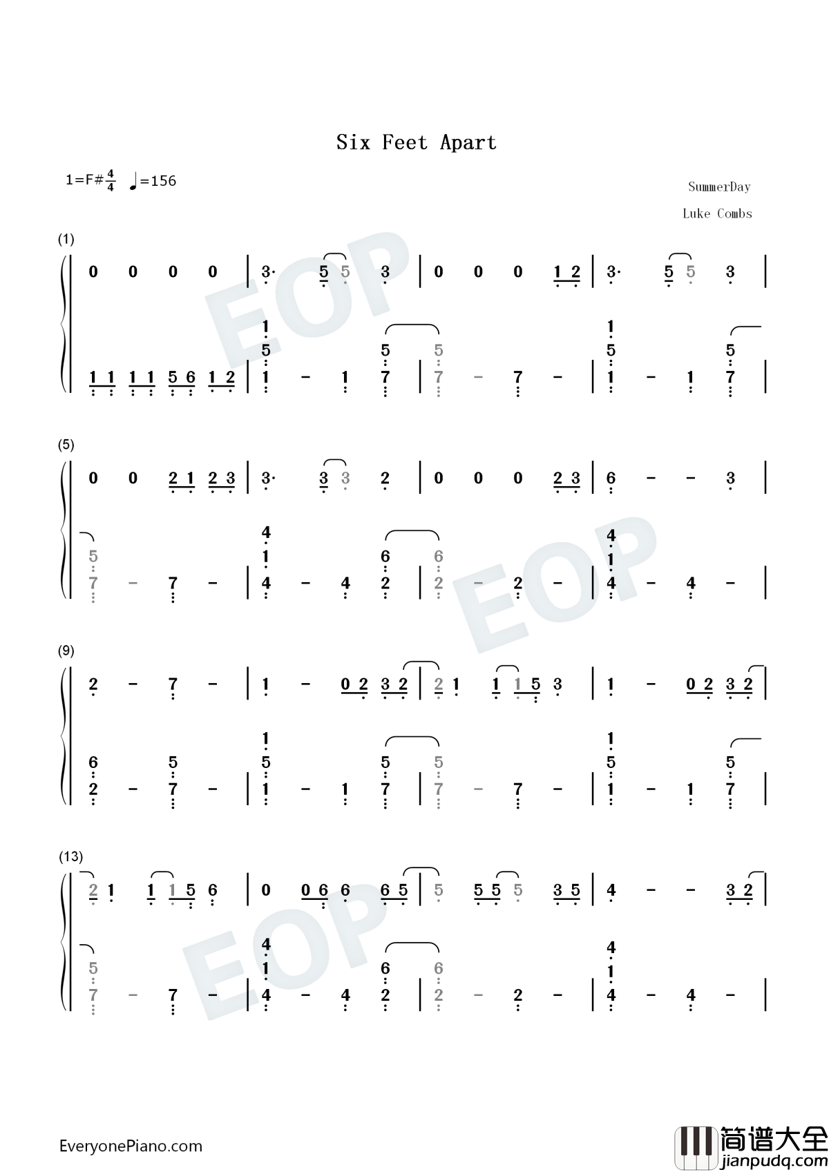 Six_Feet_Apart钢琴简谱_数字双手_Luke_Combs