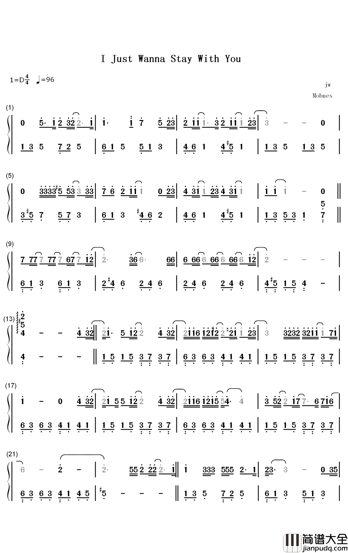 I_Just_Wanna_Stay_With_You钢琴简谱_数字双手_JW_王灏儿