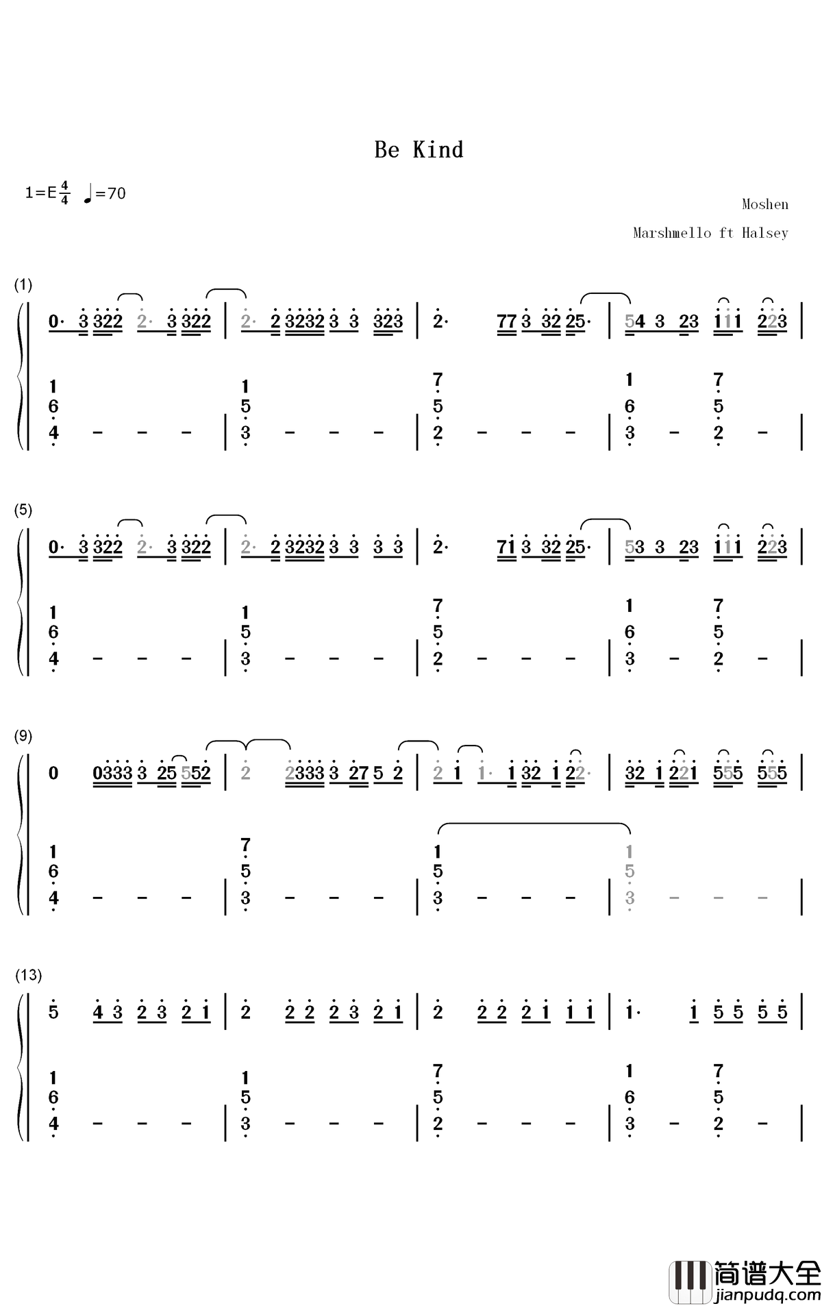 Be_Kind钢琴简谱_数字双手_Marshmello_Halsey