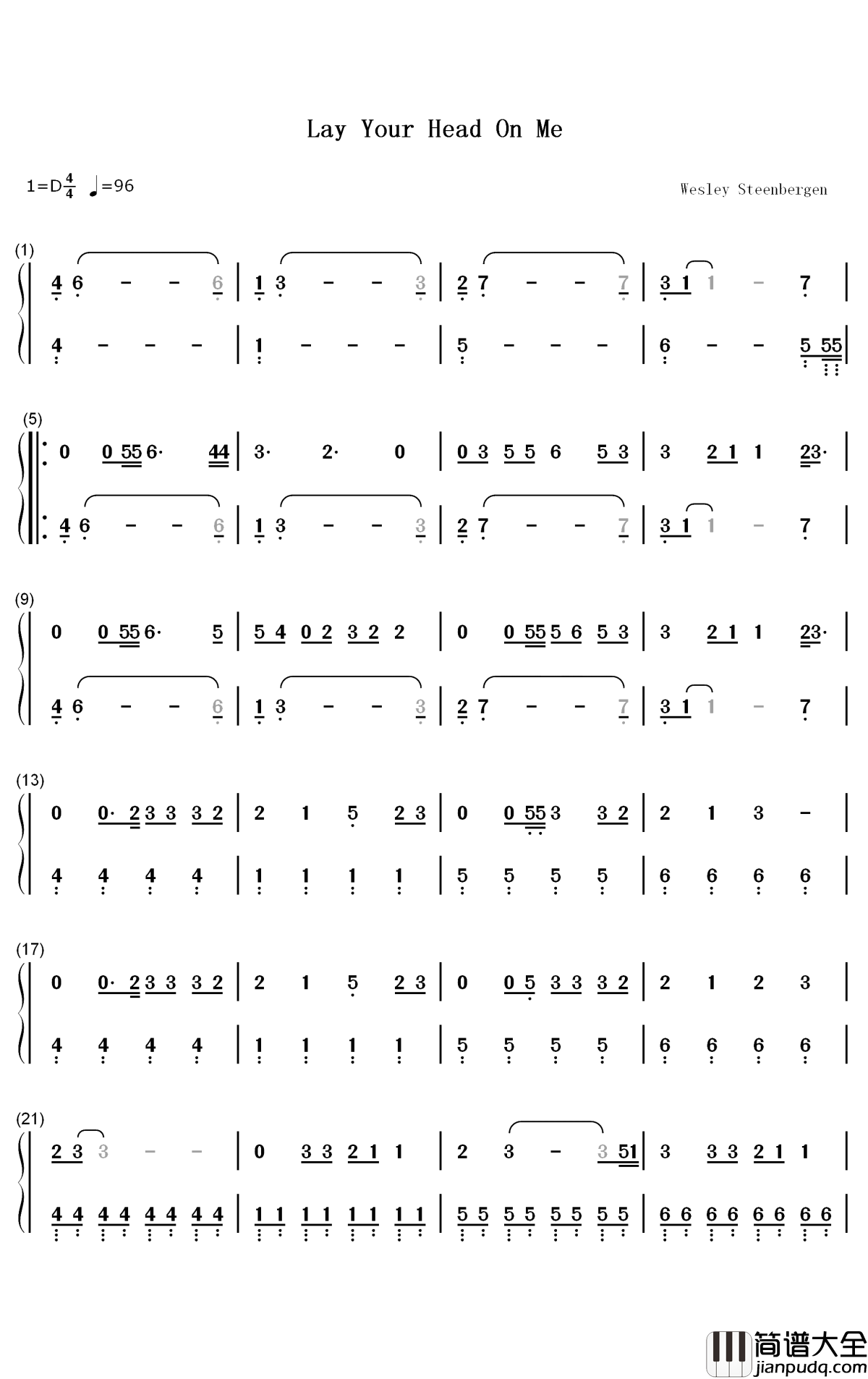 Lay_Your_Head_On_Me钢琴简谱_数字双手_Major_Lazer_Marcus_Mumford