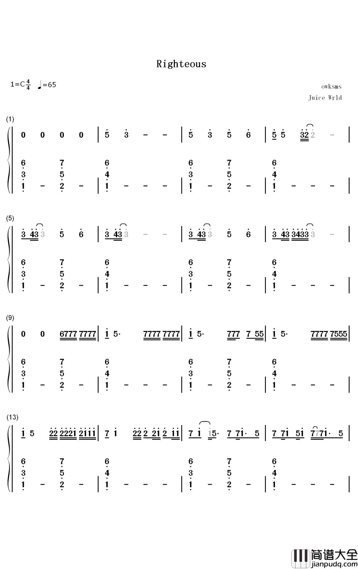 Righteous钢琴简谱_数字双手_Juice_Wrld
