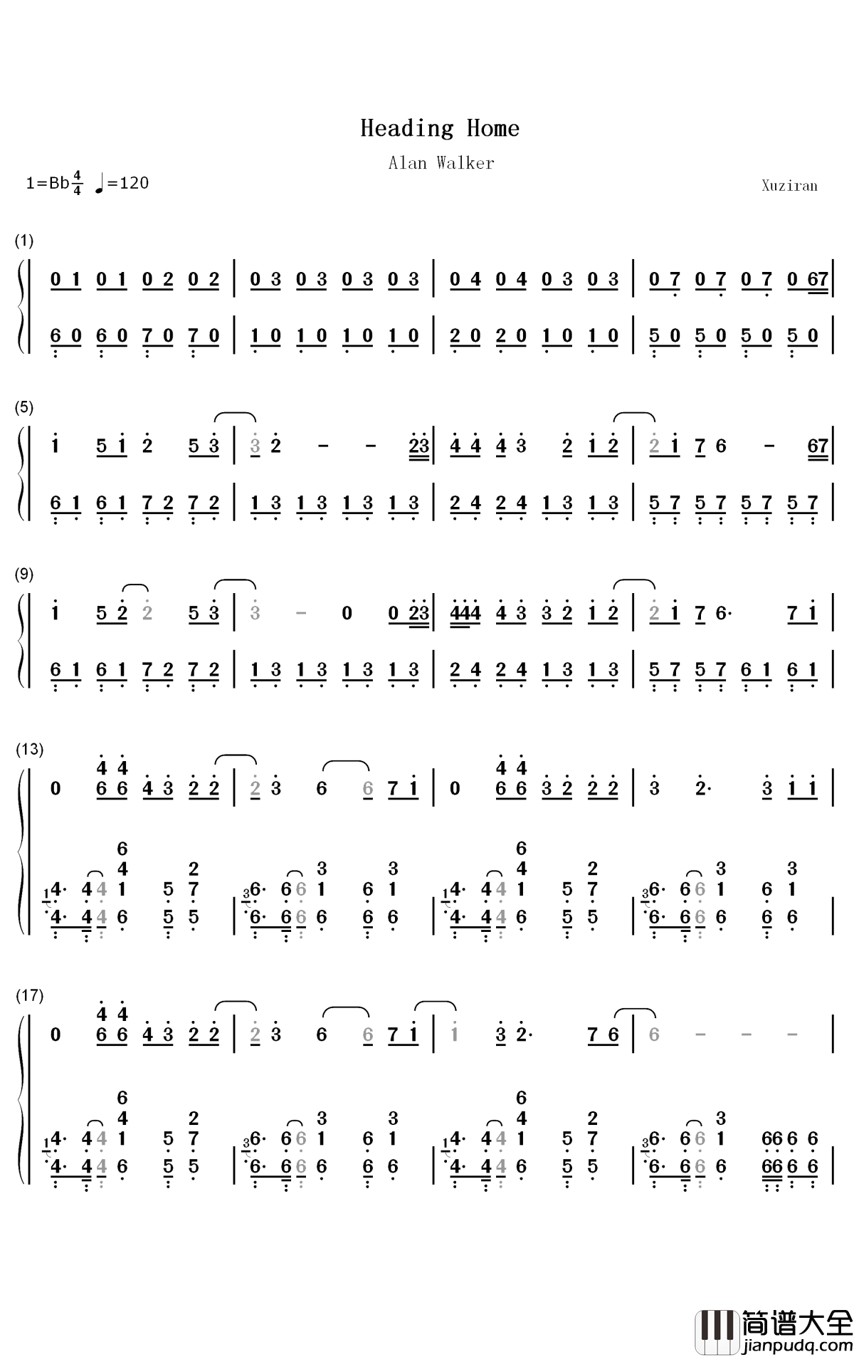 Heading_Home钢琴简谱_数字双手_Alan_Walker