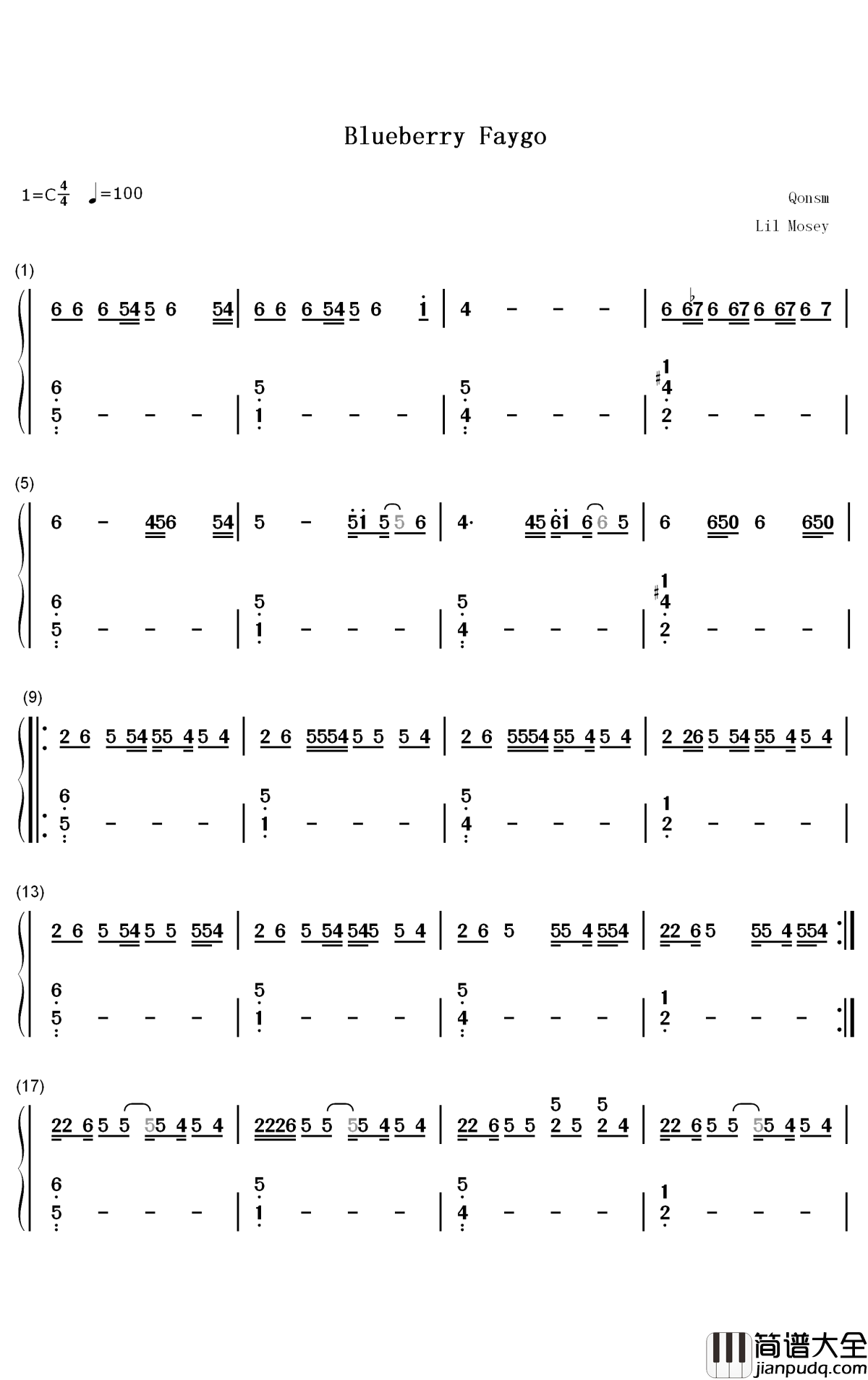 Blueberry_Faygo钢琴简谱_数字双手_Lil_Mosey