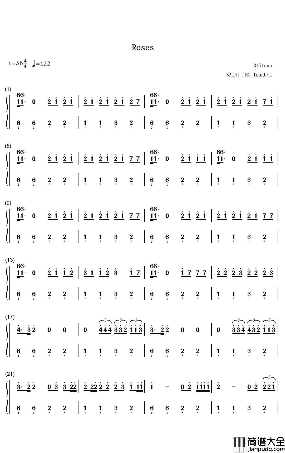 Roses钢琴简谱_数字双手_Saint_Jhn