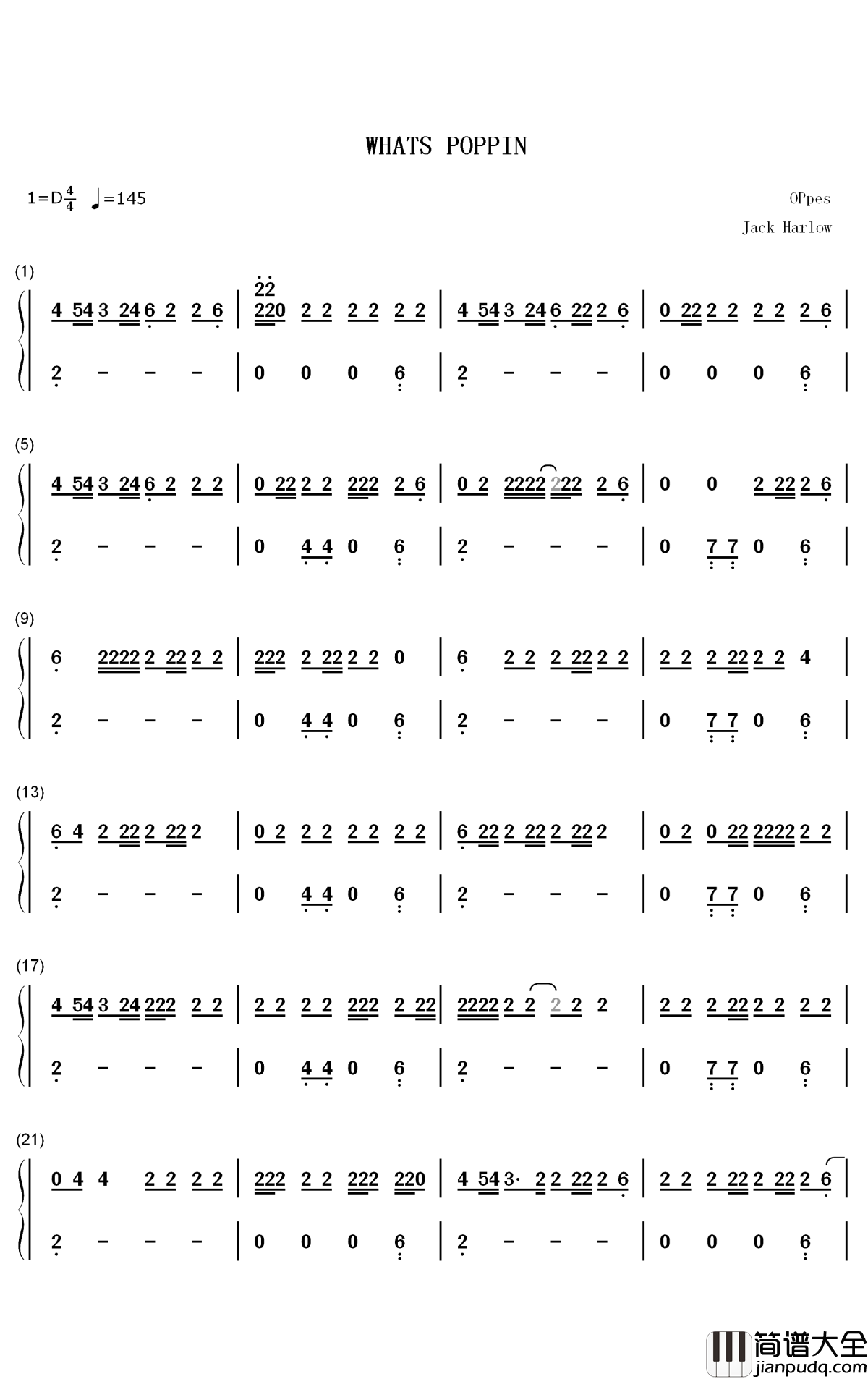 Whats_Poppin钢琴简谱_数字双手_Jack_Harlow