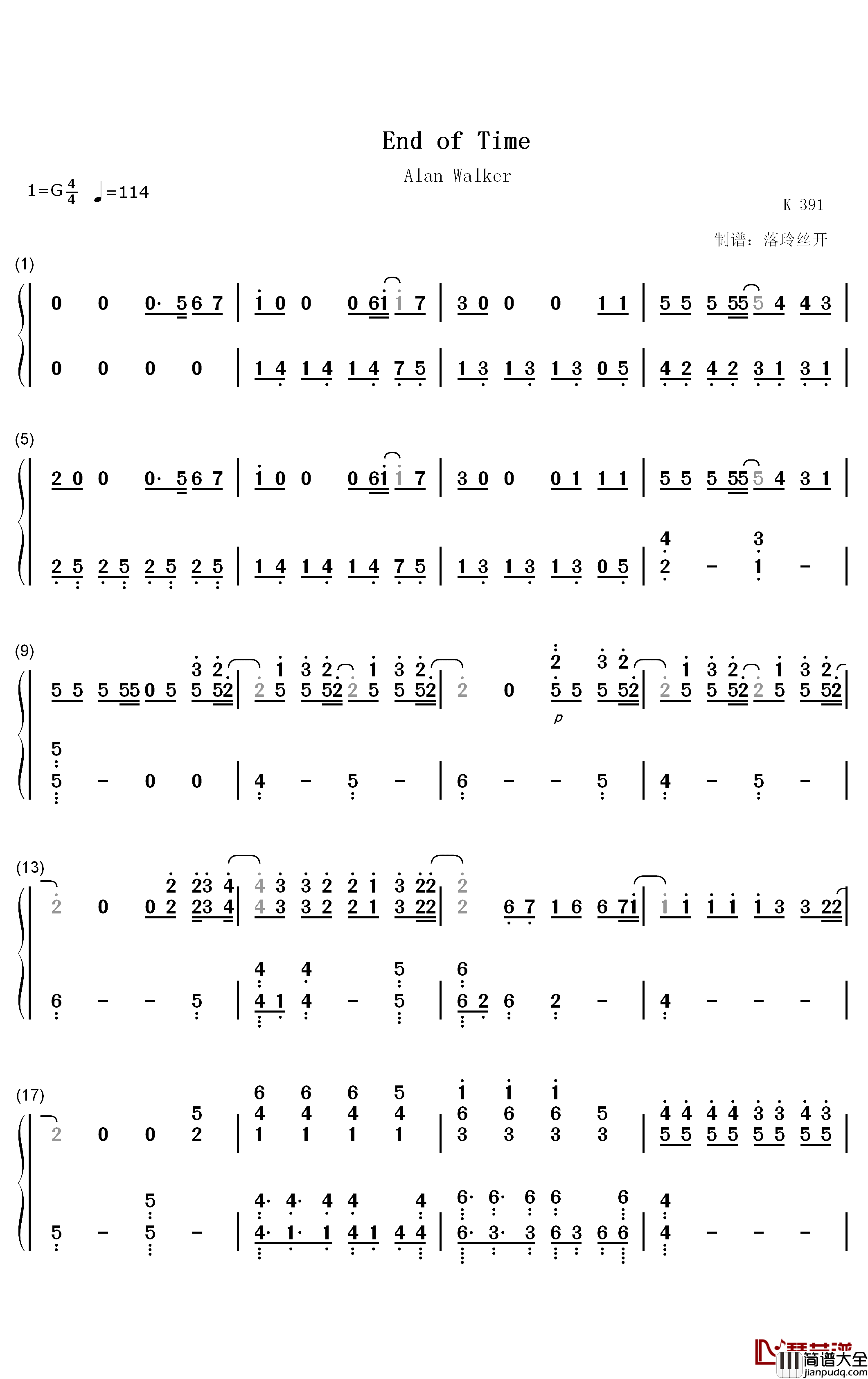 End_of_Time钢琴简谱_数字双手_Alan_Walker_K_391_Ahrix